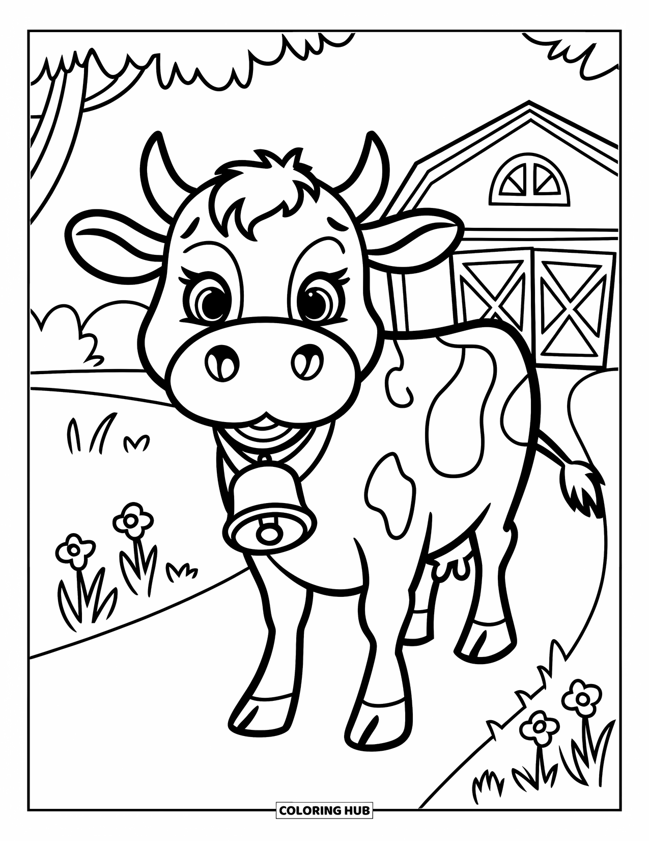 Disegno di mucca da colorare per bambini: Una mucca con un naso a forma di cuore è in piedi su un sentiero vicino a dei fiori