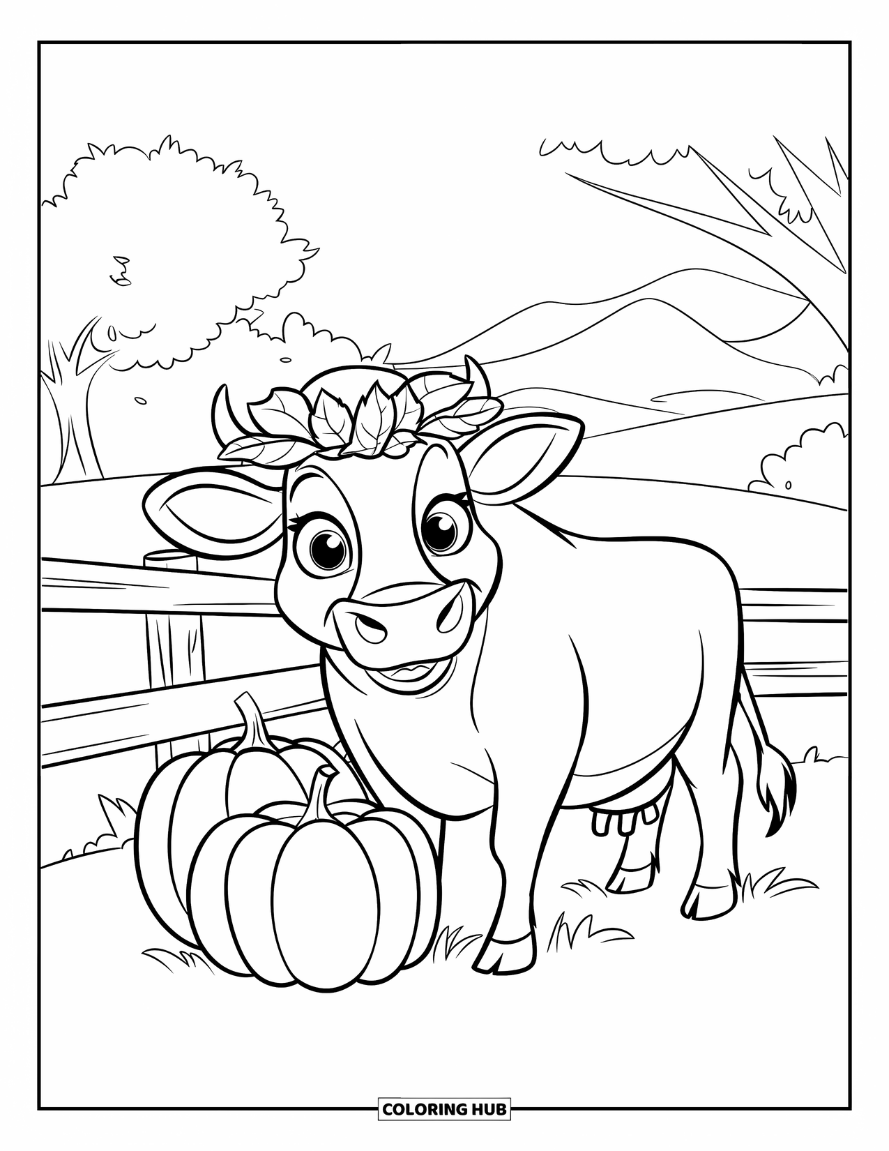 Disegno di mucca da colorare per bambini: Una mucca con una corona di foglie è in piedi vicino a zucche vicino a una staccionata di legno
