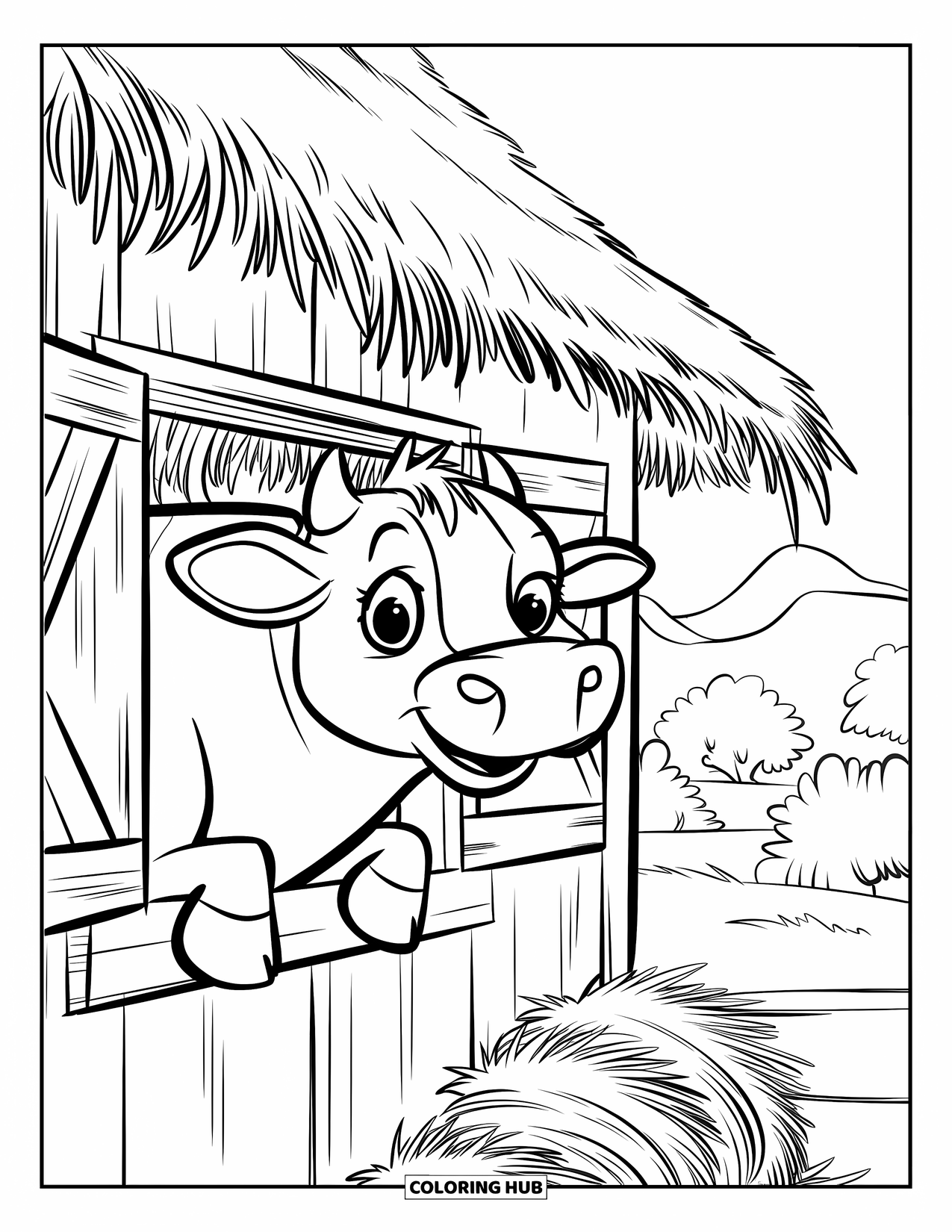 Disegno di mucca da colorare per bambini: Una mucca con un corpo rotondo sbircia attraverso la finestra di un fienile