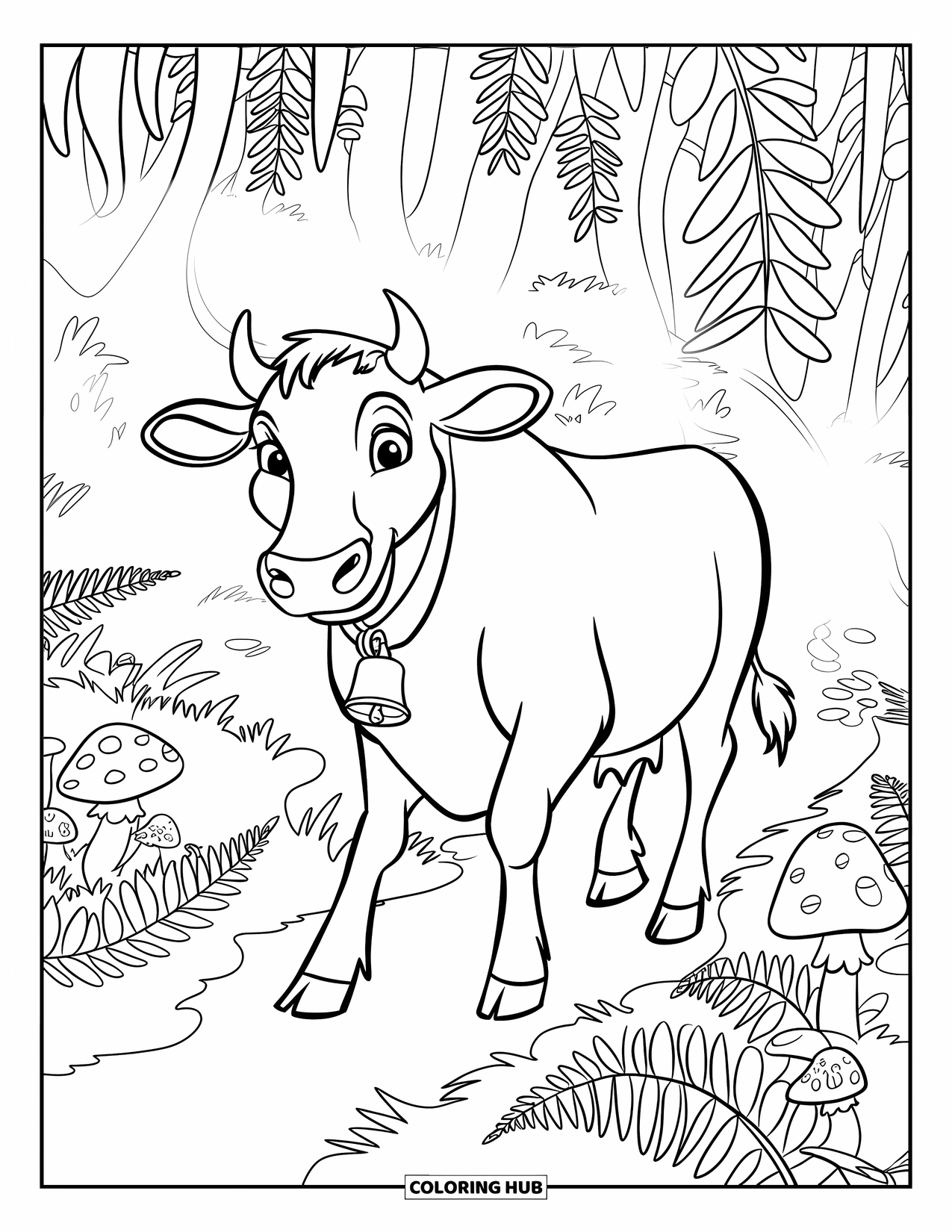 Disegno di mucca da colorare per bambini: Una mucca con una camicia e un campanaccio cammina attraverso una foresta nebbiosa