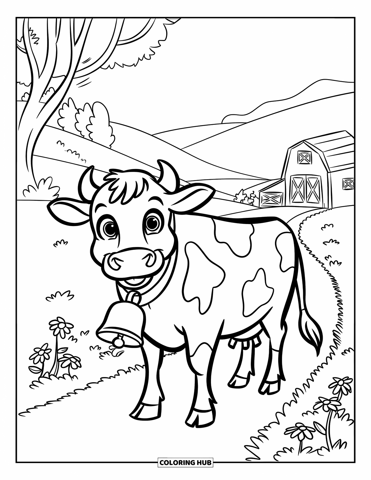 Disegno di mucca da colorare per bambini: Una mucca con un sorriso è in piedi su un sentiero fiancheggiato da fiori