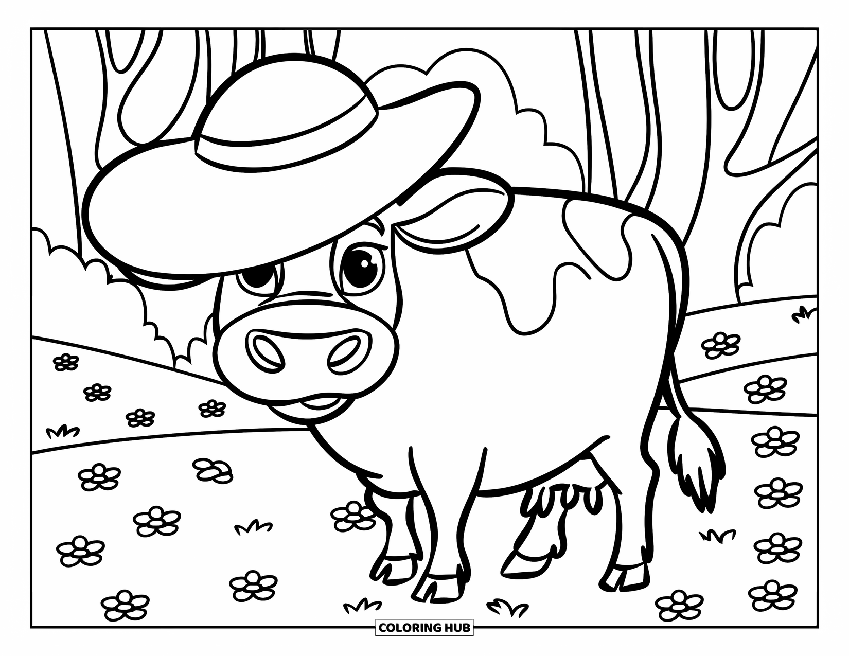 Disegno di mucca da colorare per bambini: Una mucca con un cappello da sole è in piedi in un prato con alberi e fiori