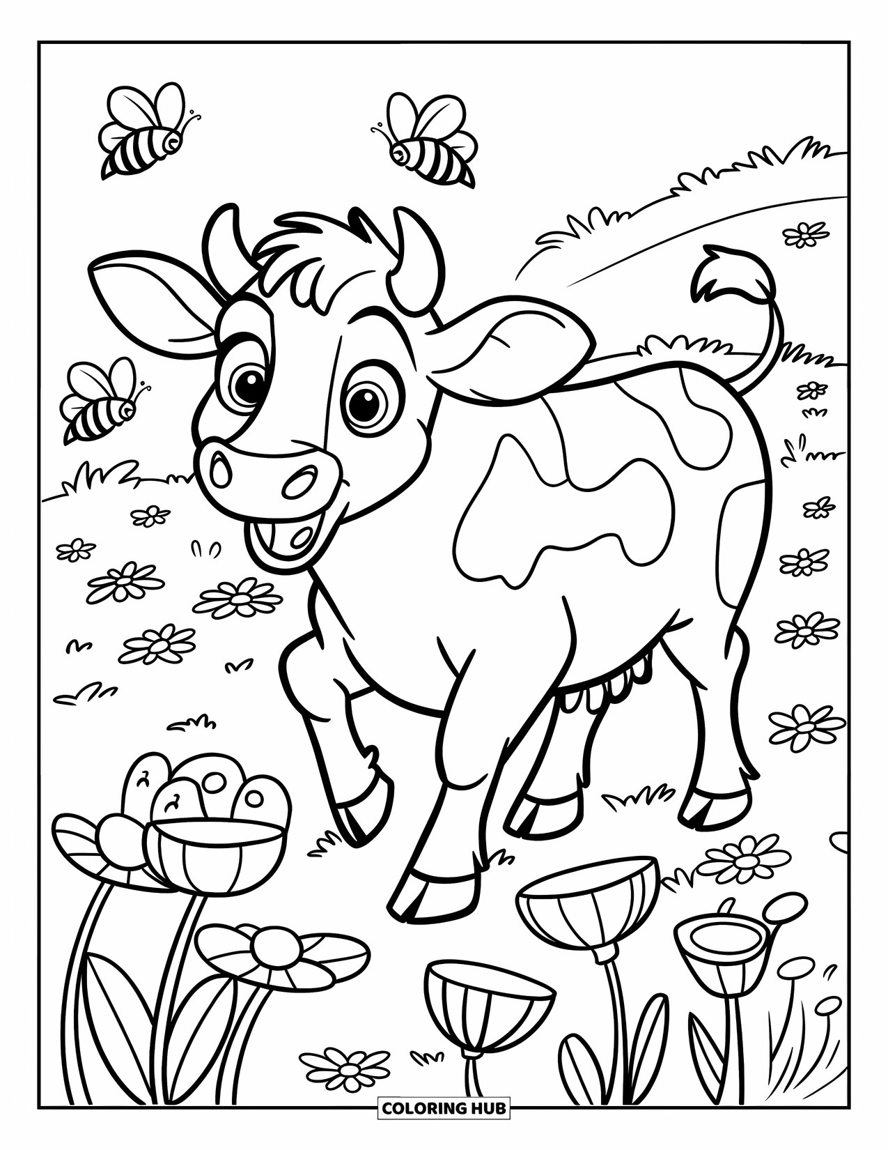 Disegno di mucca da colorare per bambini: Una mucca con una faccia sorpresa esplora un prato di fiori