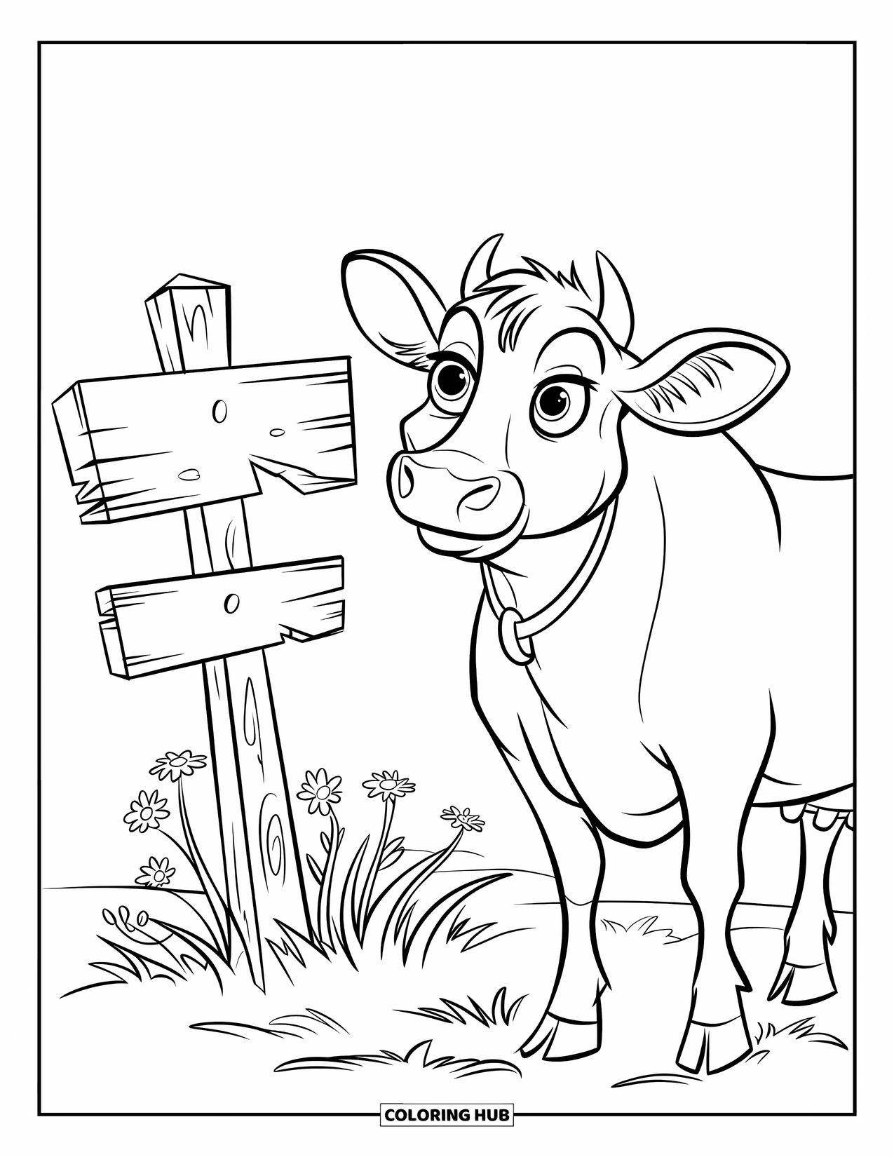 Disegno di mucca da colorare per bambini: Una mucca con un collare giallo è in piedi vicino a un cartello di legno del fienile