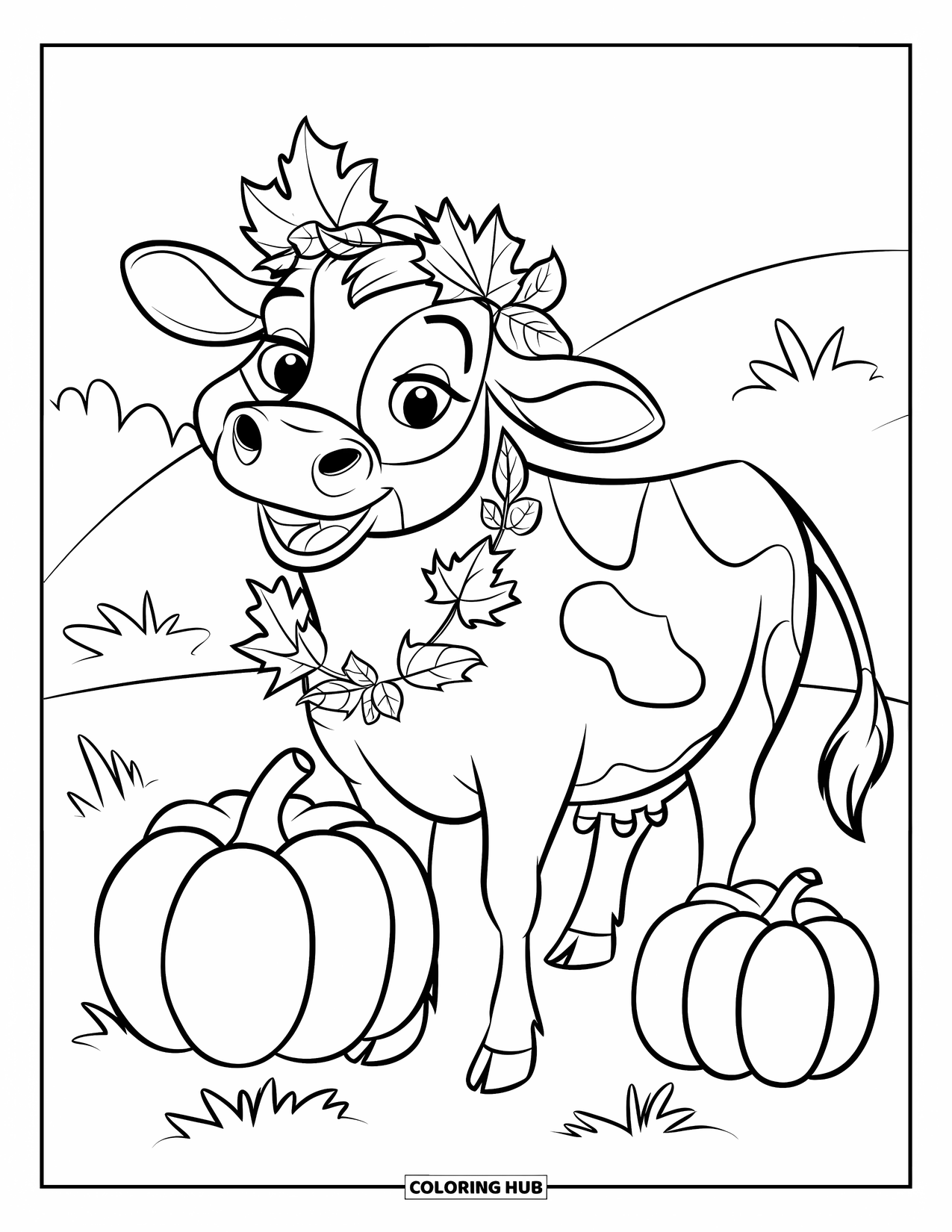 Disegno di mucca da colorare per bambini: Una mucca con foglie autunnali è in piedi vicino a delle zucche in un campo erboso