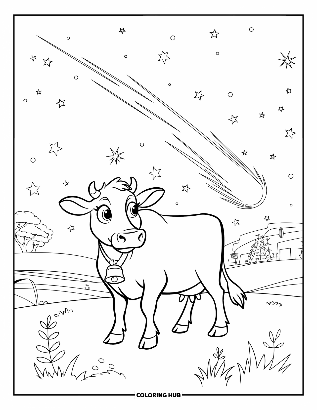 Disegno di mucca da colorare per bambini: Una mucca con grandi occhi e un campanaccio è in piedi sotto un cielo stellato