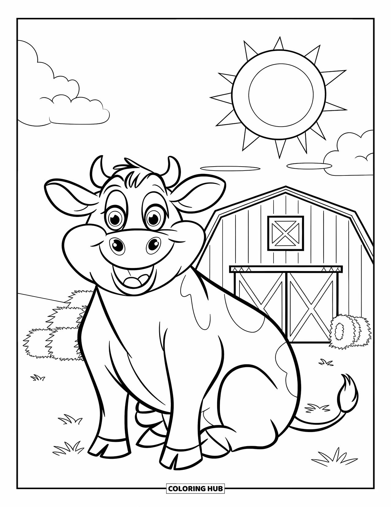 Disegno di mucca da colorare per bambini: Una mucca con grandi occhi è seduta vicino a un fienile sotto il sole