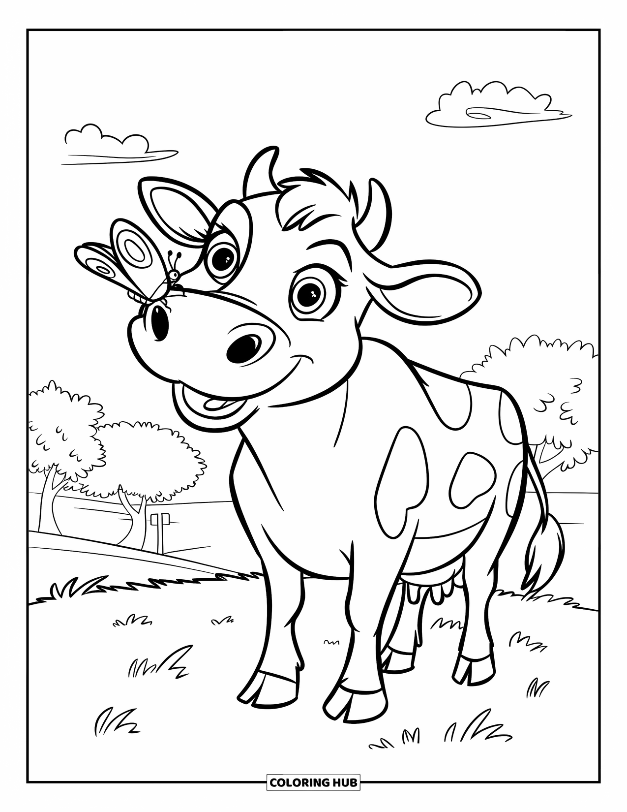 Disegno di mucca da colorare per bambini: Una mucca con grandi occhi sorride a una farfalla sul suo naso