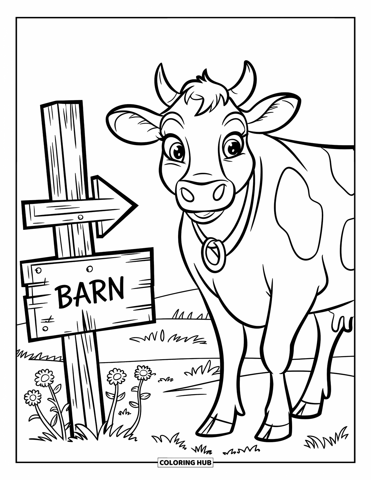Disegno di mucca da colorare per bambini: Una mucca con grandi occhi è in piedi vicino a un cartello del fienile e fiori di campo
