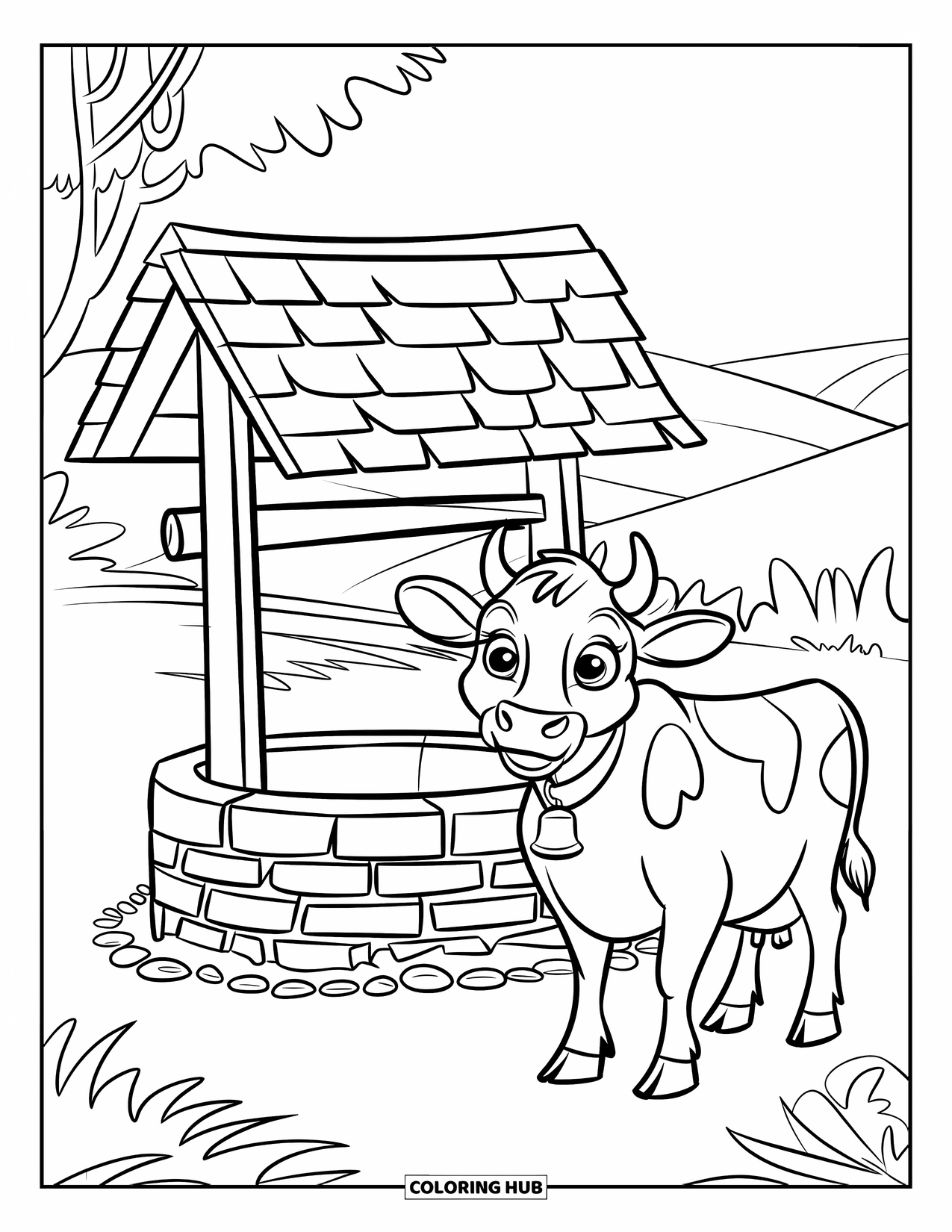 Disegno di mucca da colorare per bambini: Una mucca con grandi occhi è in piedi vicino a un pozzo di ciottoli