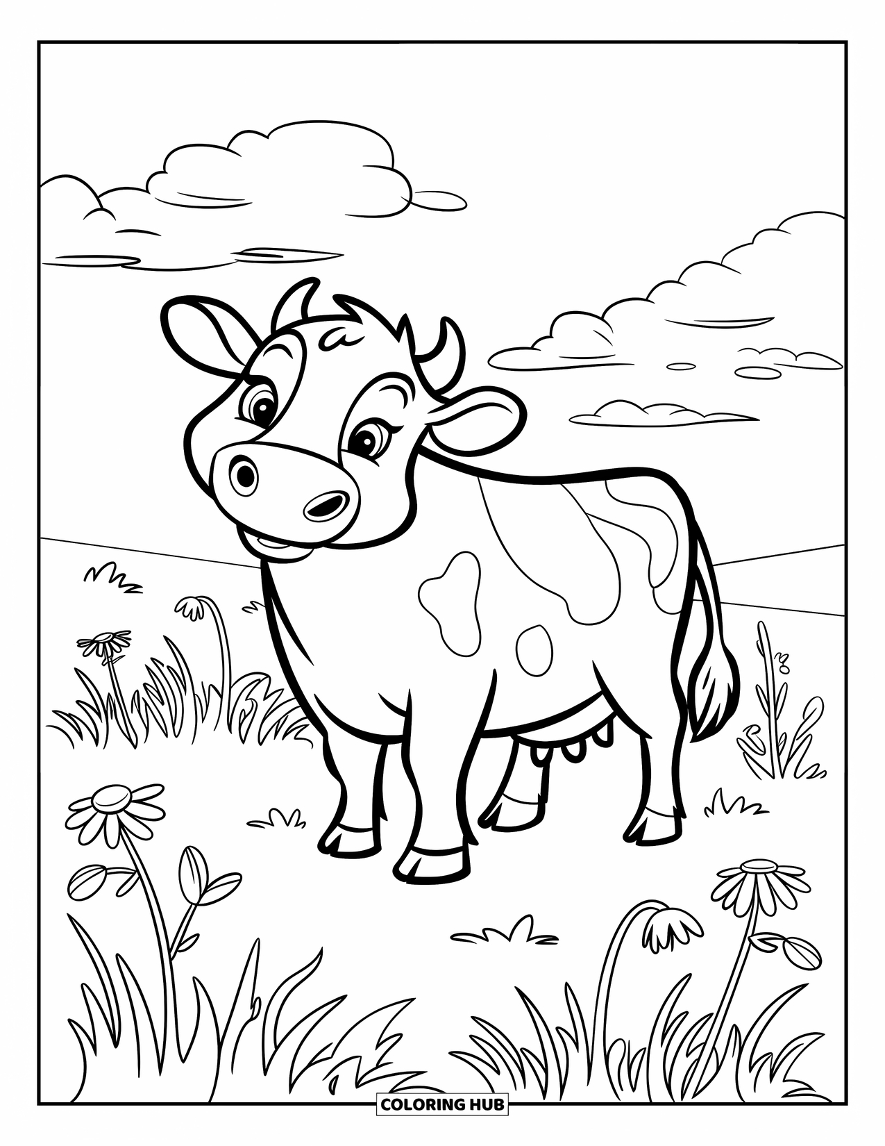 Disegno di mucca da colorare per bambini: Una mucca con contorni marcati è in piedi tra i fiori in un campo erboso