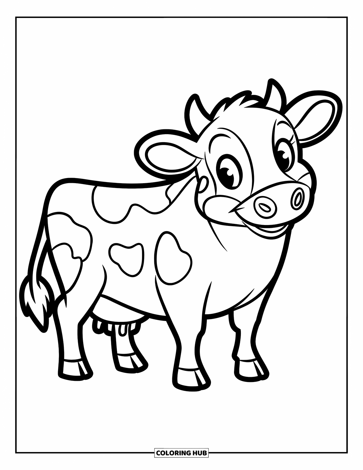 Disegno di mucca da colorare per bambini: Una mucca con macchie è in piedi sotto un cielo pieno di stelle