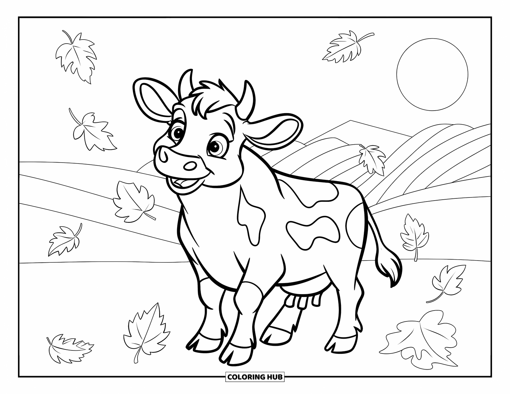 Disegno di mucca da colorare per bambini: Una mucca con occhi dolci è in piedi tra le foglie autunnali che cadono