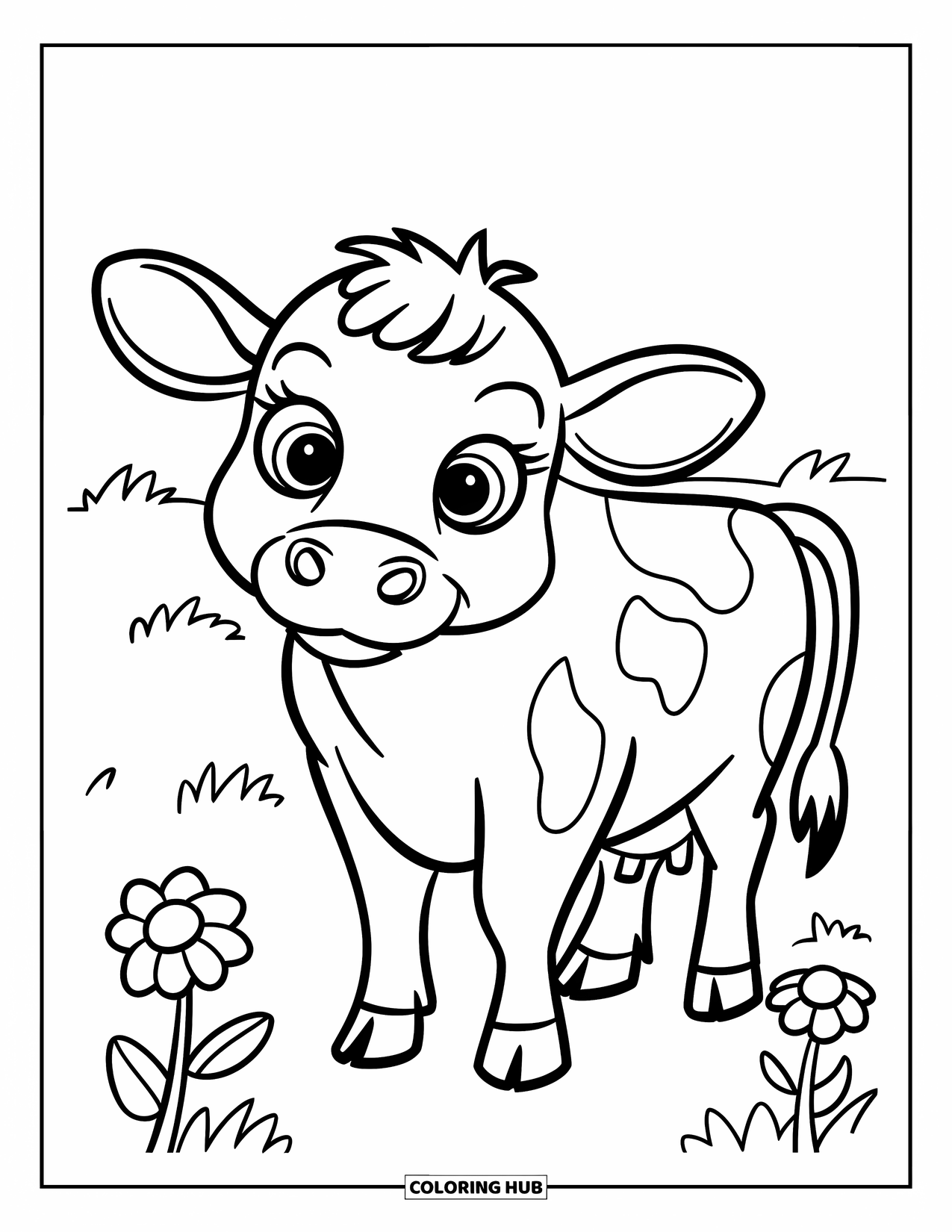 Disegno di mucca da colorare per bambini: Una mucca semplice è felicemente in piedi in un campo erboso con fiori