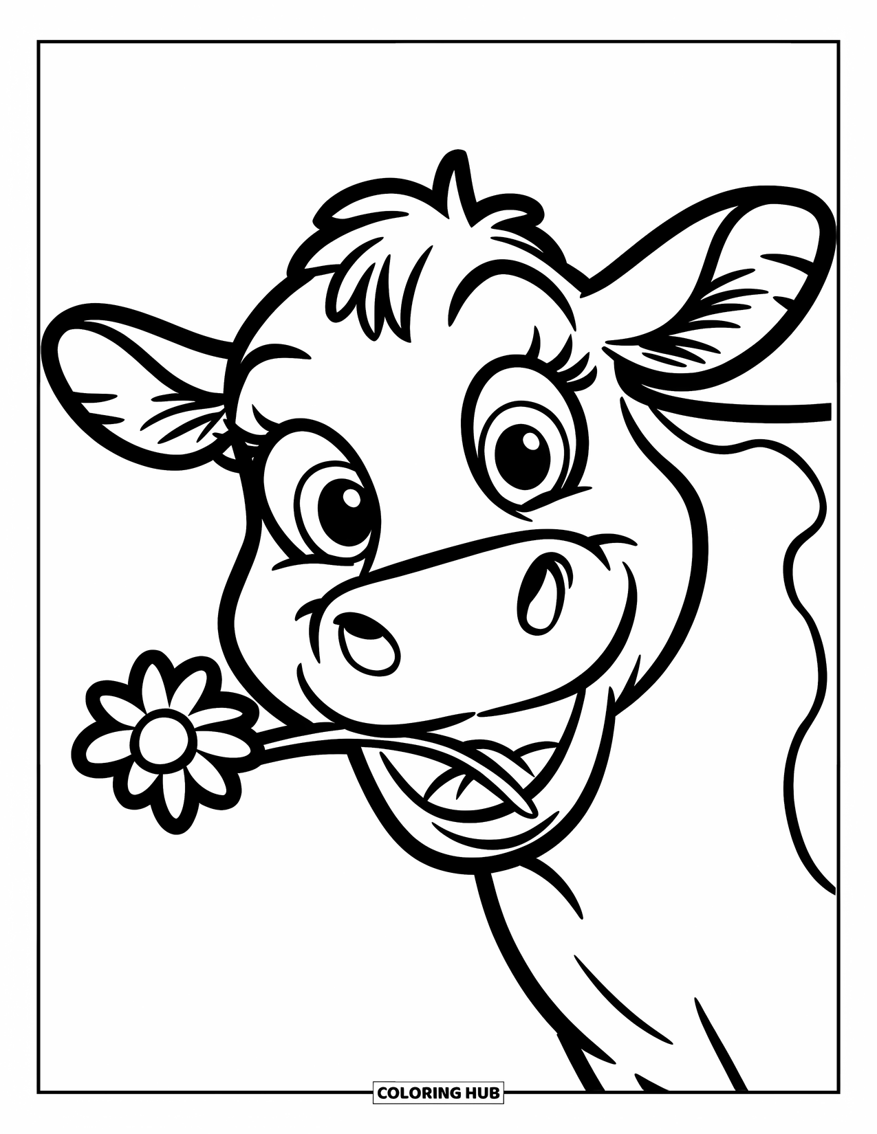 Disegno di mucca da colorare per bambini: Una mucca sorridente tiene un piccolo fiore in bocca