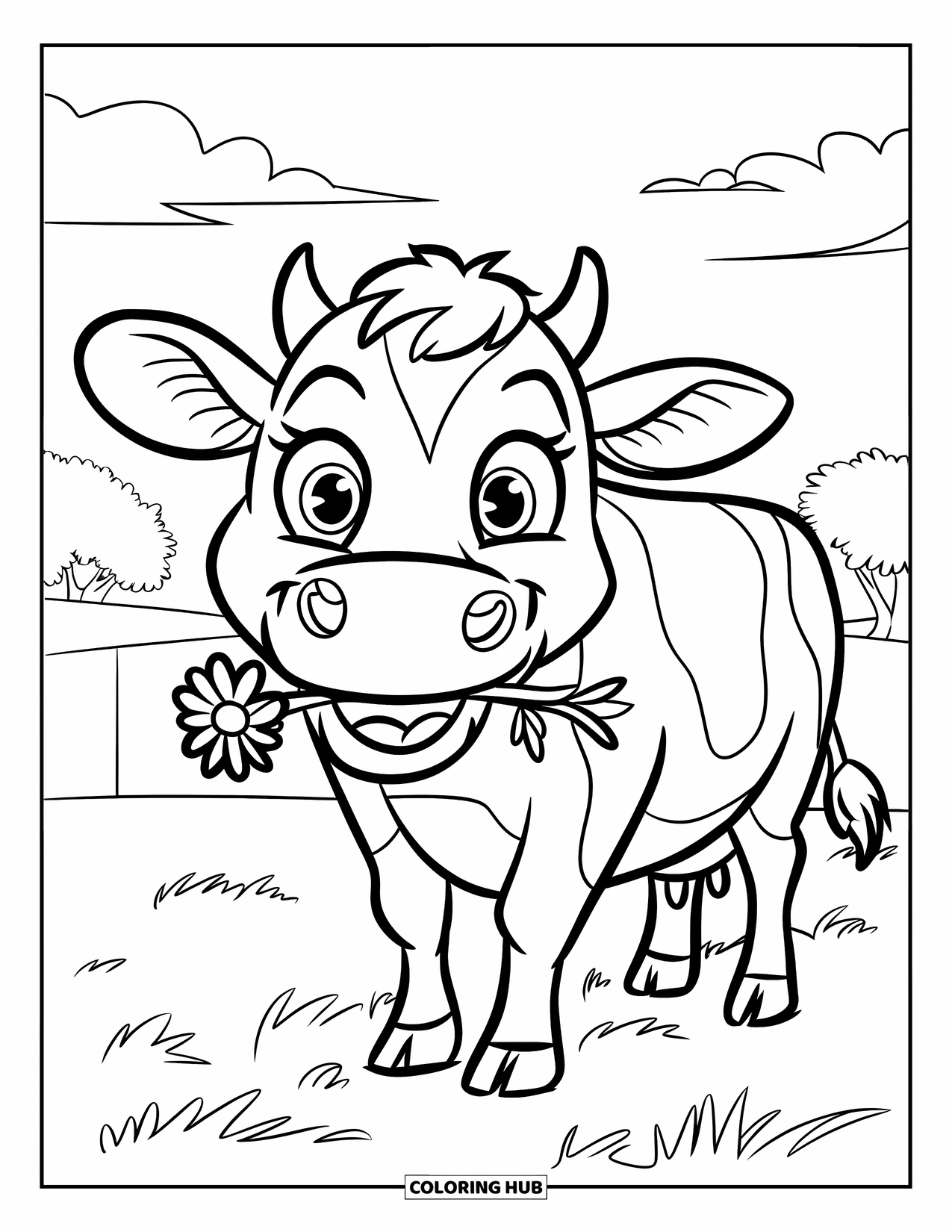 Disegno di mucca da colorare per bambini: Una mucca sorridente con un fiore è in piedi in un campo erboso