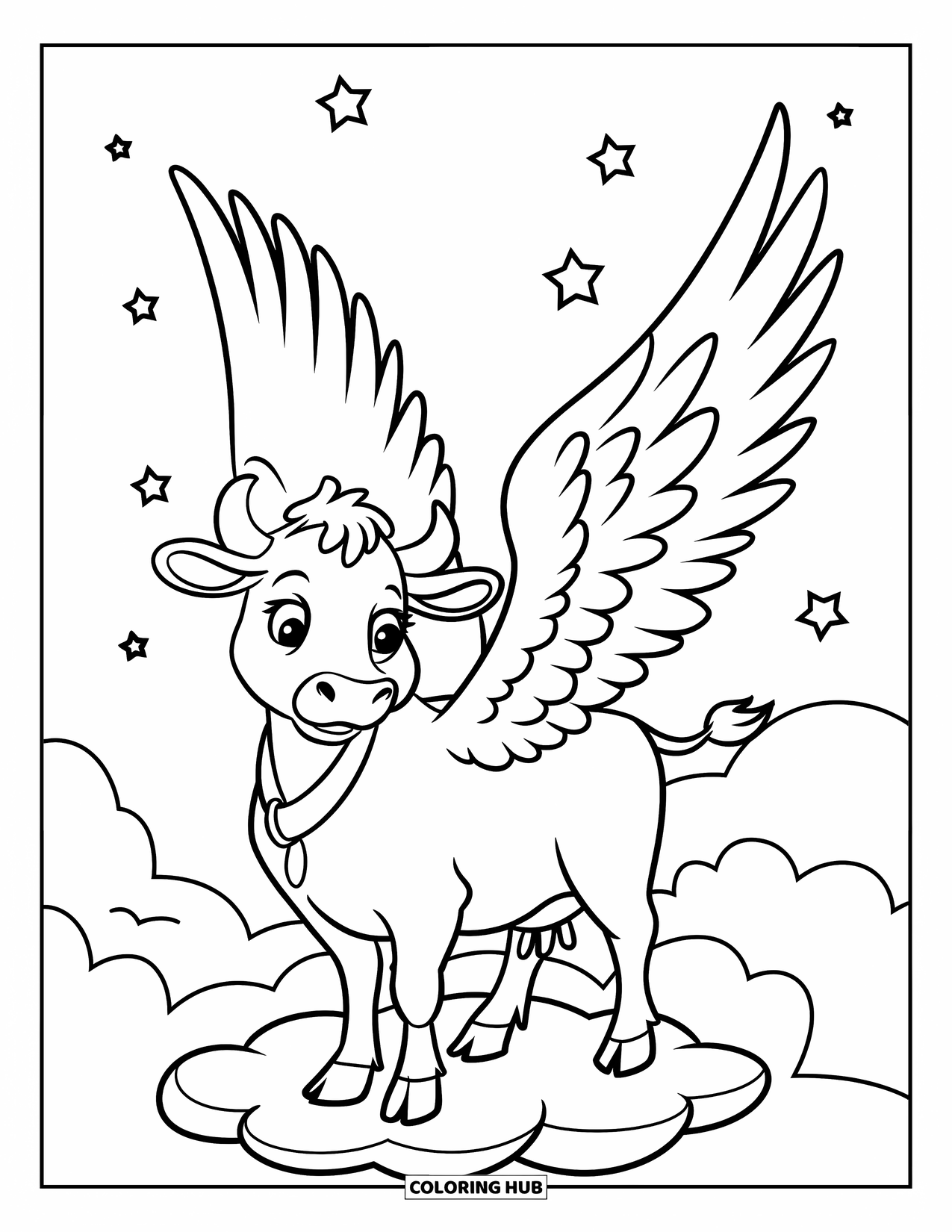 Disegno di mucca da colorare per bambini: Una mucca alata è in piedi su una nuvola circondata da stelle