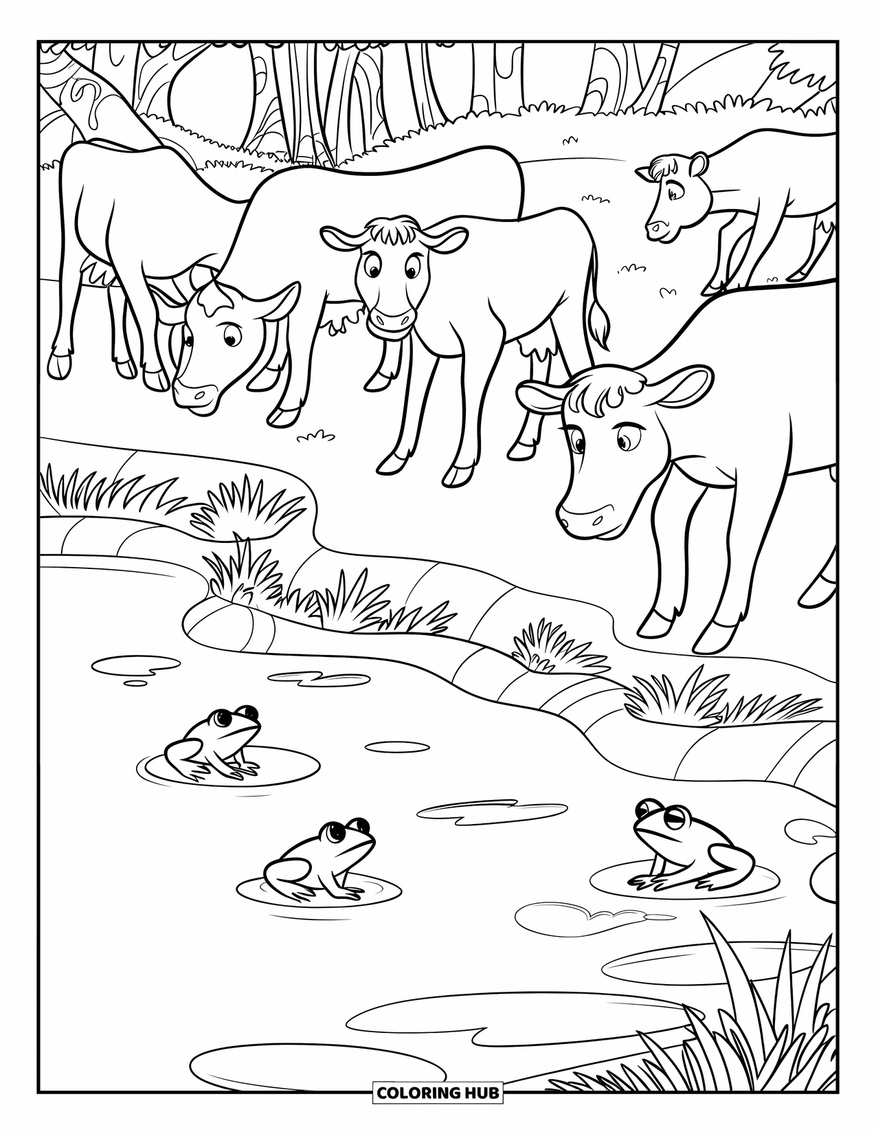 Disegno di mucca da colorare per bambini: Mucche pascolano vicino a un laghetto tranquillo con rane nelle vicinanze