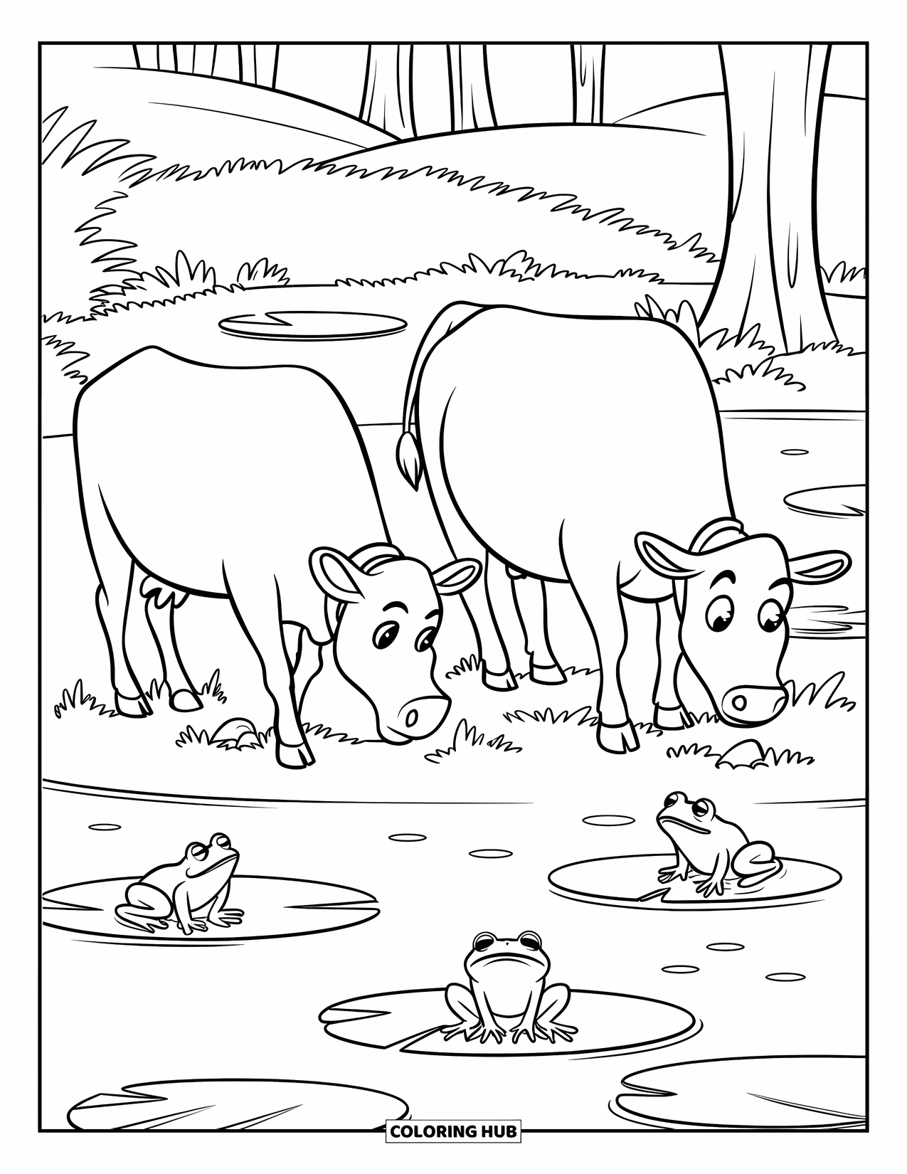 Disegno di mucca da colorare per bambini: Mucche con collari pascolano vicino a un laghetto con rane e alberi