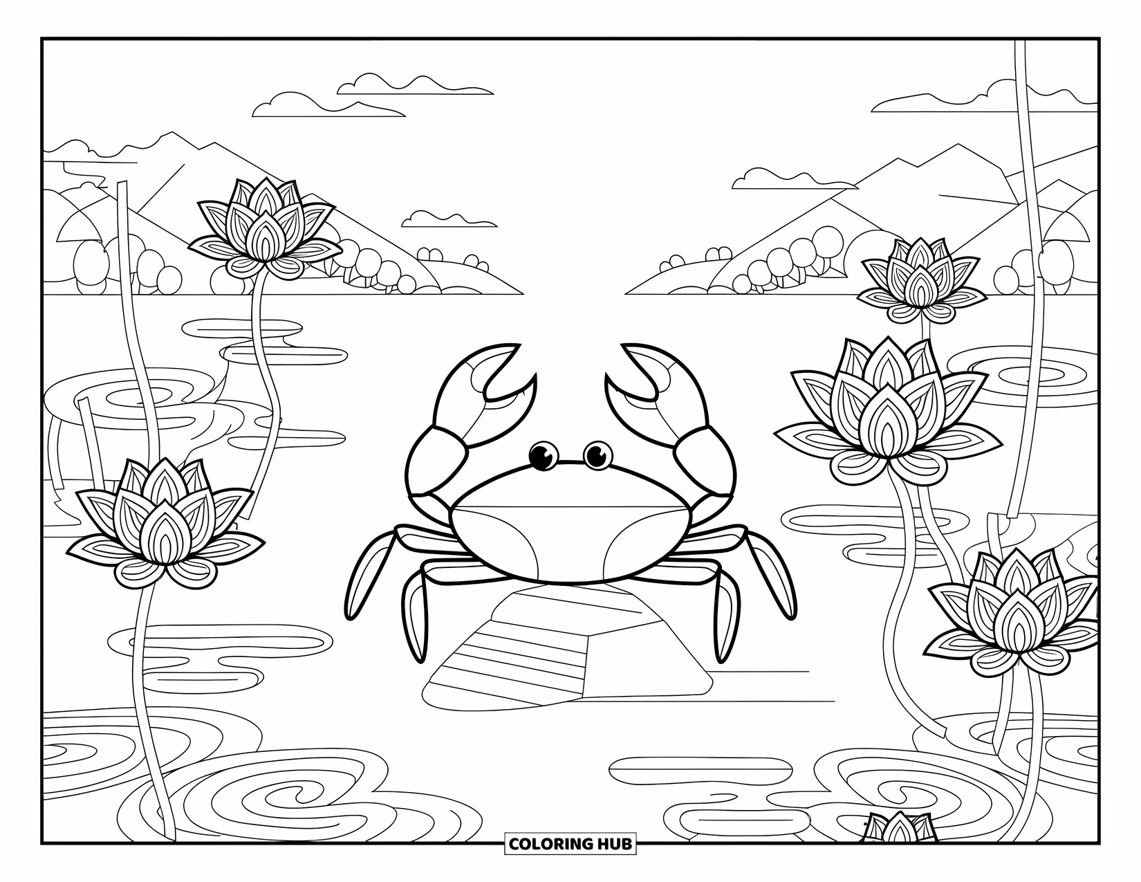 Krabben-Ausmalbild für Erwachsene: Eine ruhige Krabbe ruht auf einem Felsen, umgeben von Lotusblumen und einer heiteren Landschaft