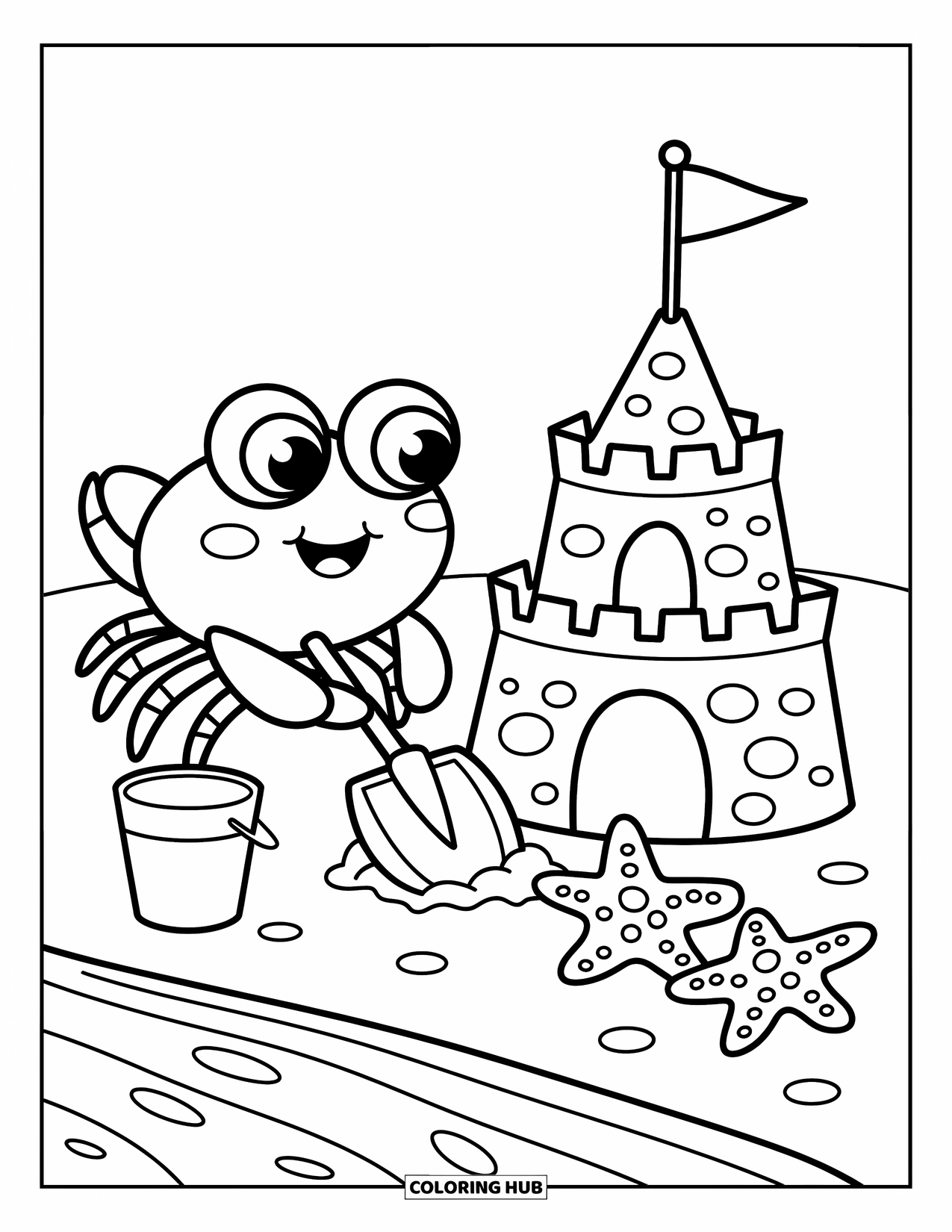 Krabben Ausmalbild für Erwachsene: Eine fröhliche Krabbe baut eine Sandburg, während Seesterne zusehen und Wellen in der Nähe blubbern