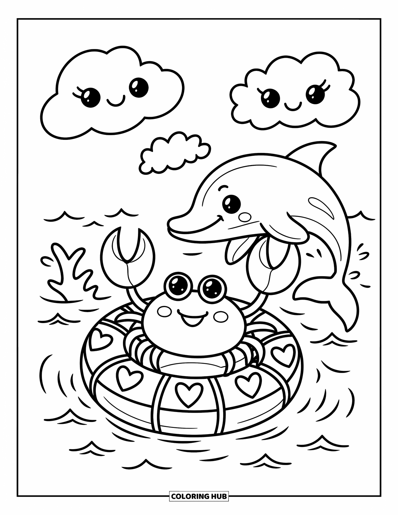 Krabben Ausmalbild für Erwachsene: Eine entspannte Krabbe liegt auf einem Rettungsring, während ein Delfin und Wolken am Spaß teilnehmen