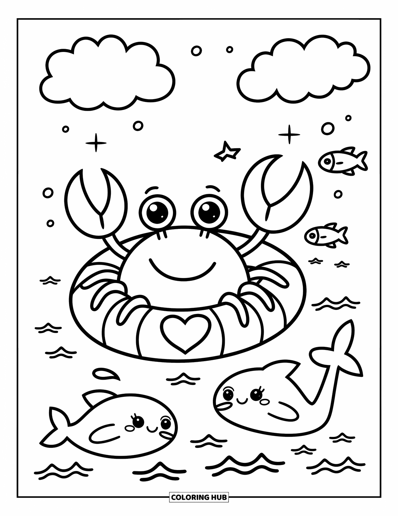 Krabben Ausmalbild für Erwachsene: Eine Krabbe treibt ruhig auf einem Rettungsring, während ein Delfin und Fische herumplanschen