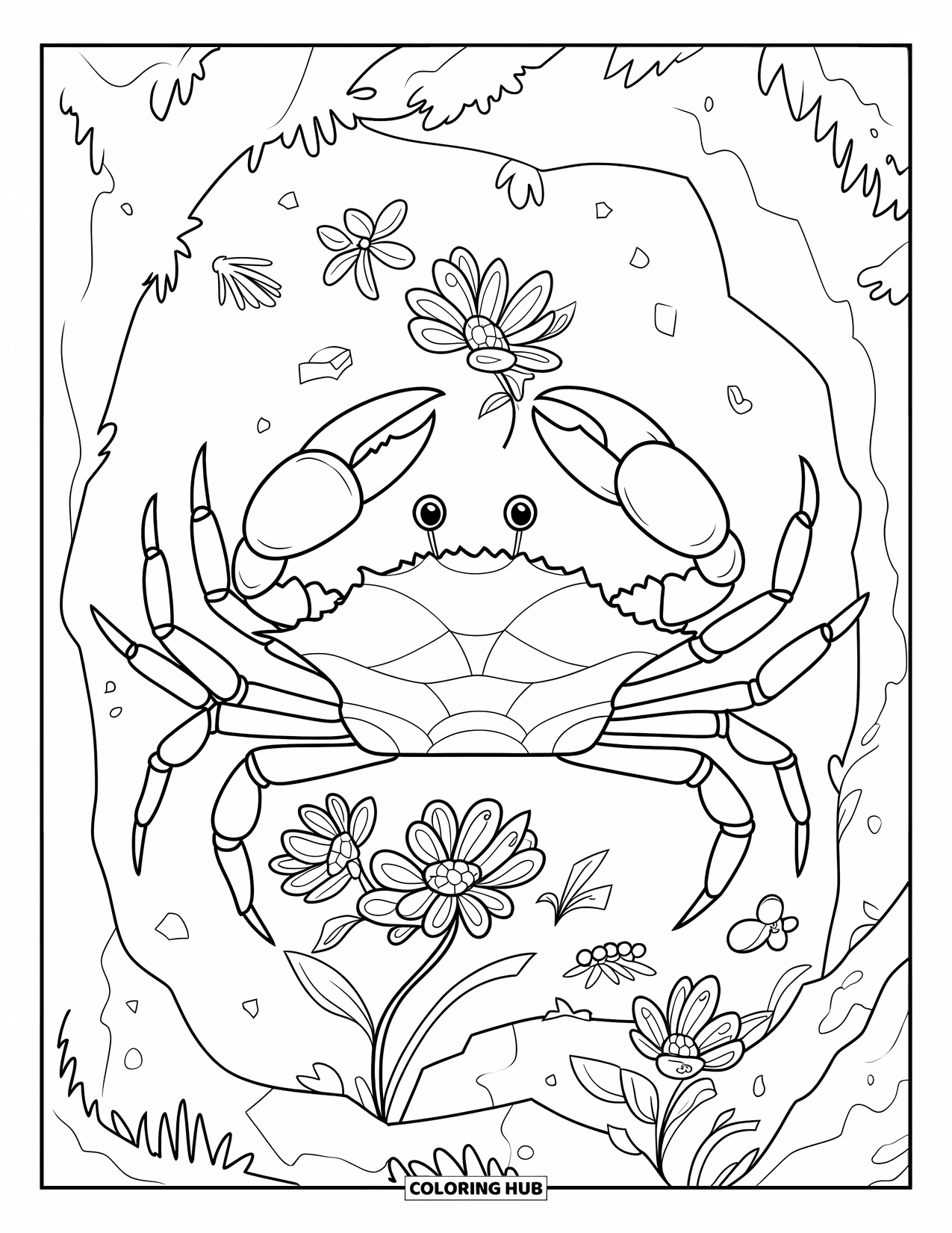 Krabben-Ausmalbild für Erwachsene: Eine Krabbe hält sanft eine Blume, während sie auf moosbedeckten Felsen mit Blättern ringsum sitzt