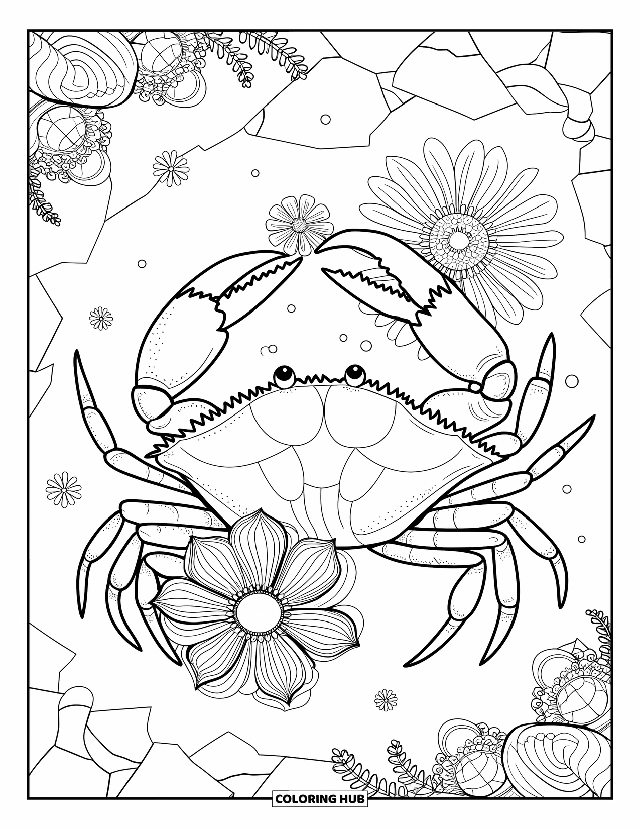 Krabben-Ausmalbild für Erwachsene: Eine Krabbe hält eine Blume, während sie zwischen Blüten und Ranken in der Nähe einer Steinmauer sitzt