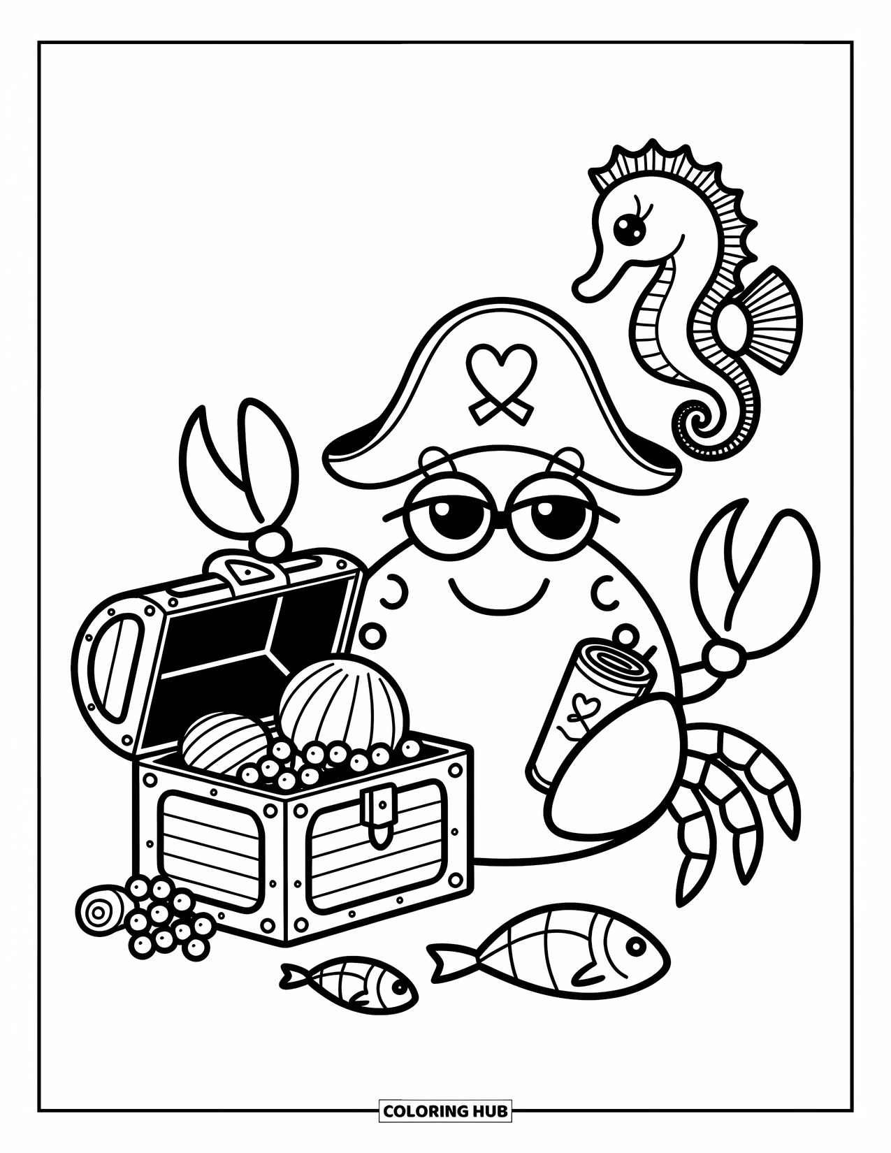 Krabben Ausmalbild für Erwachsene: Eine Krabbe mit Piratenhut bewacht einen Schatz mit einem Seepferdchen und neugierigen Fischen in der Nähe