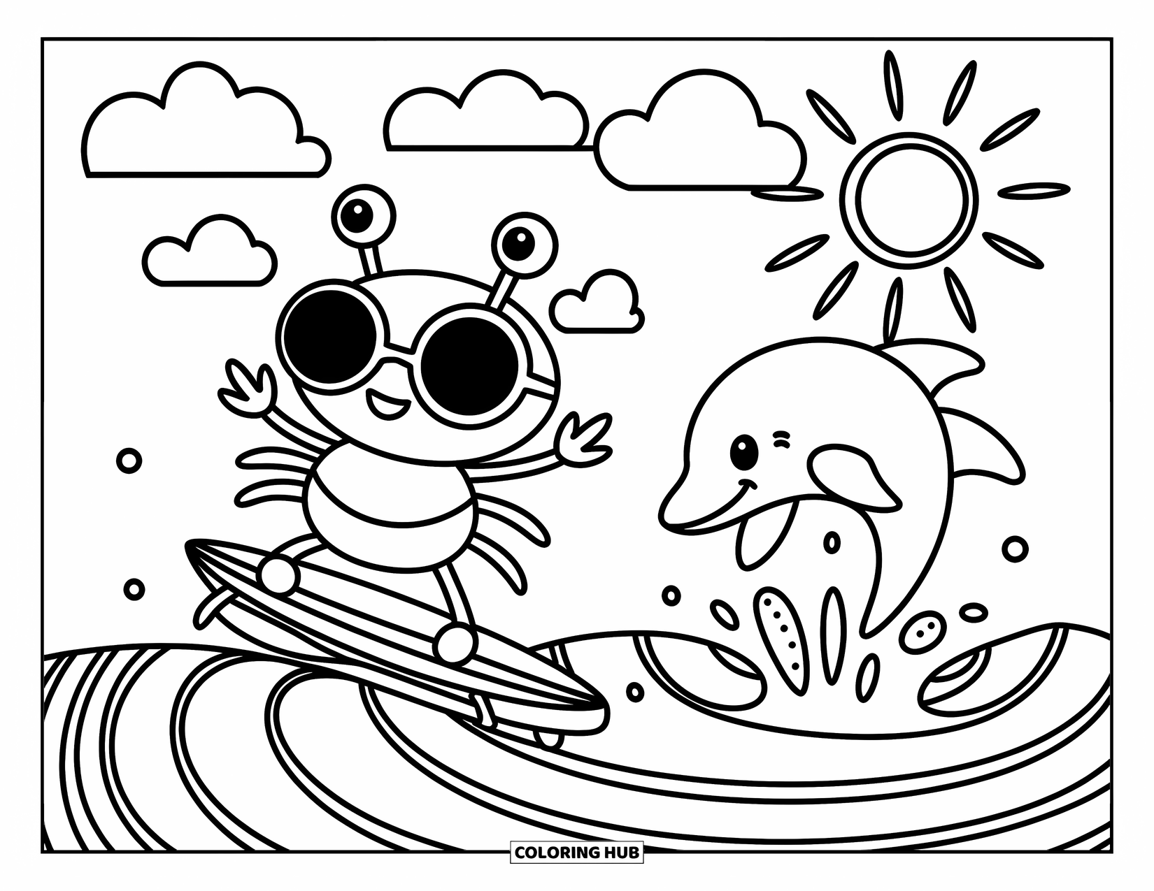 Krabben Ausmalbild für Erwachsene: Eine Krabbe mit Sonnenbrille reitet auf einem Surfbrett, während ein Delfin in der Nähe springt und Wolken darüber sind