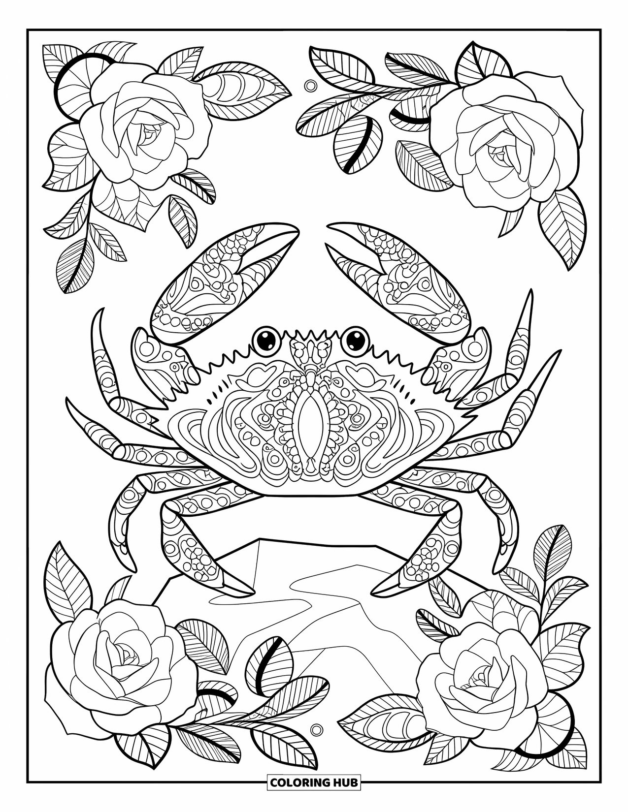 Krabben-Ausmalbild für Erwachsene: Eine Krabbe ruht auf einem Felsen, umgeben von Rosen, Ranken und blättrigen Details