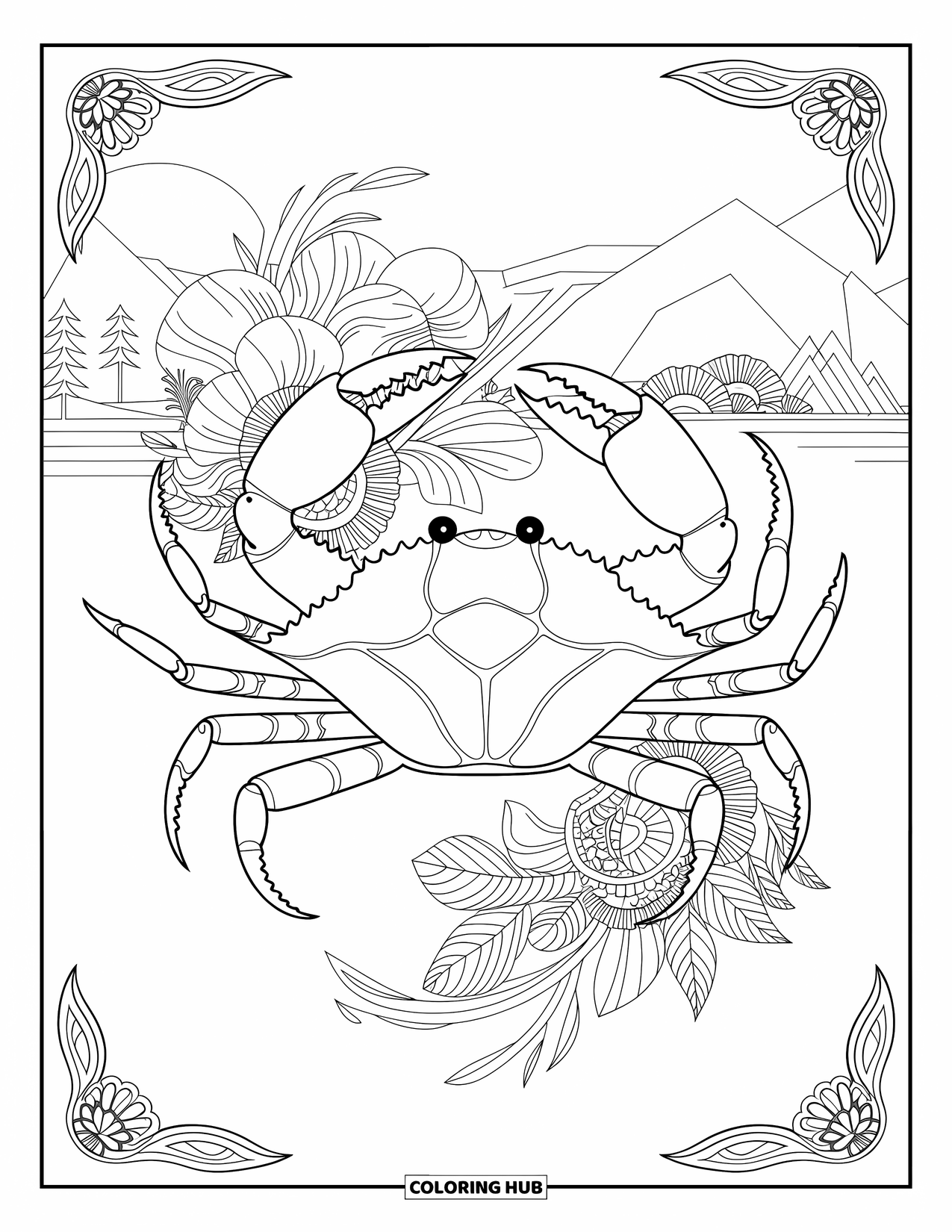 Krabben-Ausmalbild für Erwachsene: Eine Krabbe sitzt zwischen Blumen und verbindet Natur mit Meeresleben in einer ruhigen Umgebung