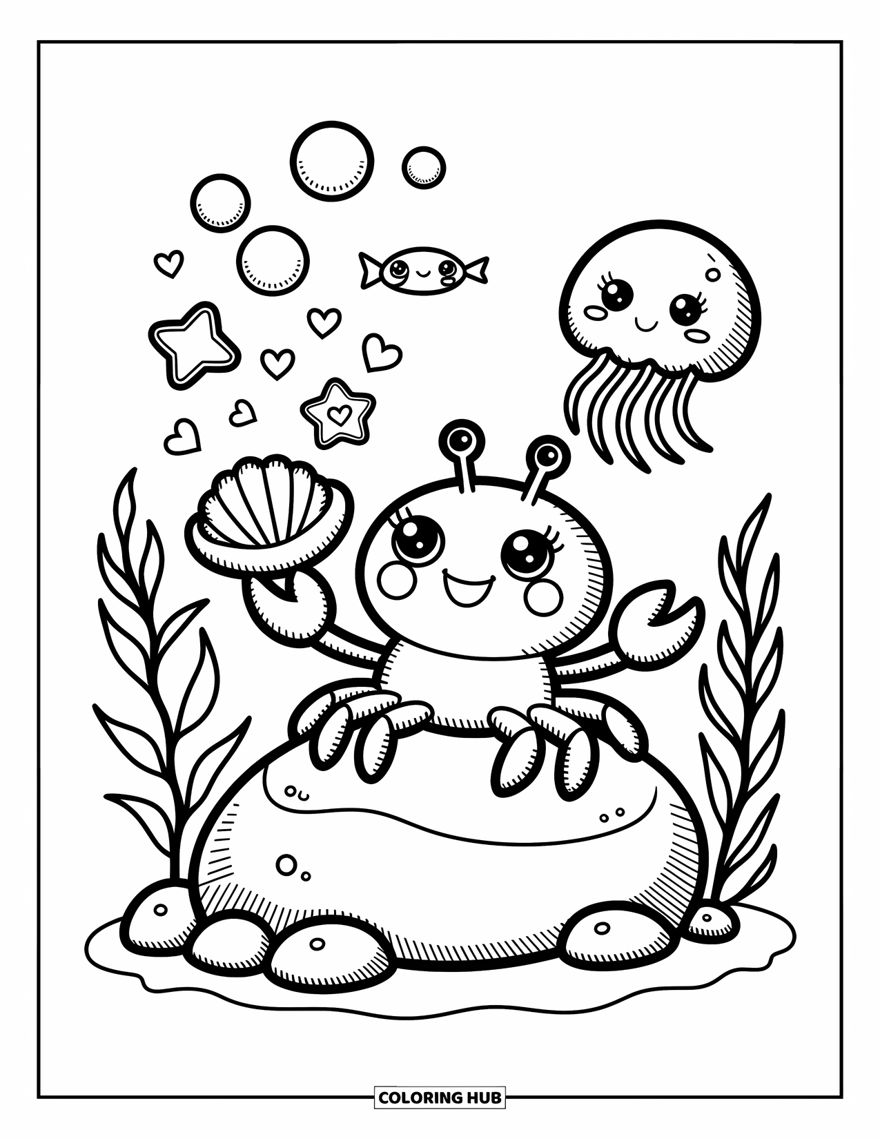 Krabben Ausmalbild für Erwachsene: Eine Krabbe sitzt auf einem Felsen und bläst süße Blasen, während Fische und Quallen in der Nähe treiben