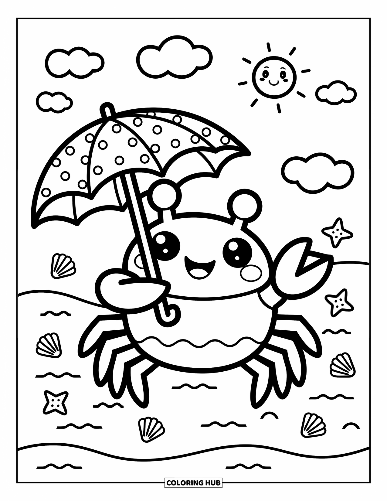 Krabben Ausmalbild für Erwachsene: Eine Krabbe steht auf dem Sand und hält einen gepunkteten Regenschirm mit Muscheln und Wolken ringsum