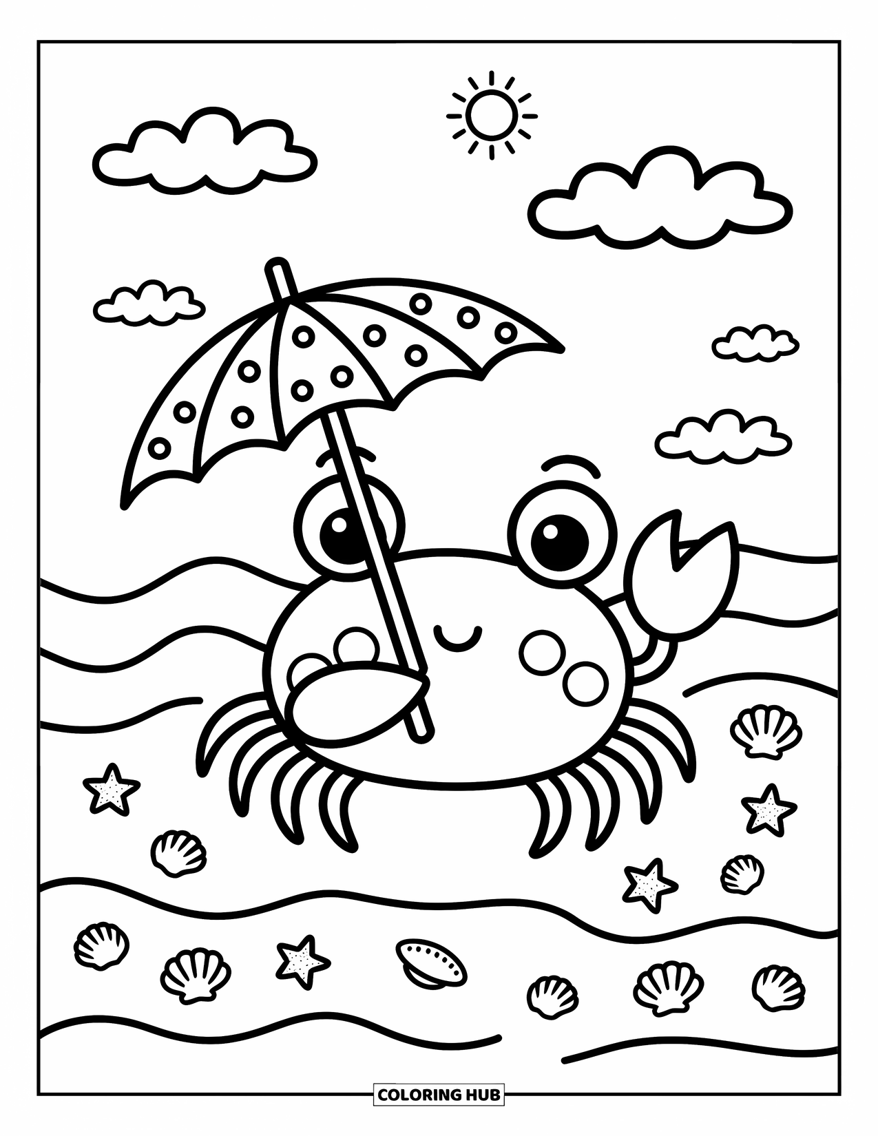 Krabben Ausmalbild für Erwachsene: Eine Krabbe steht mit einem Sonnenschirm am Strand, umgeben von Muscheln, Seesternen und einer lächelnden Sonne