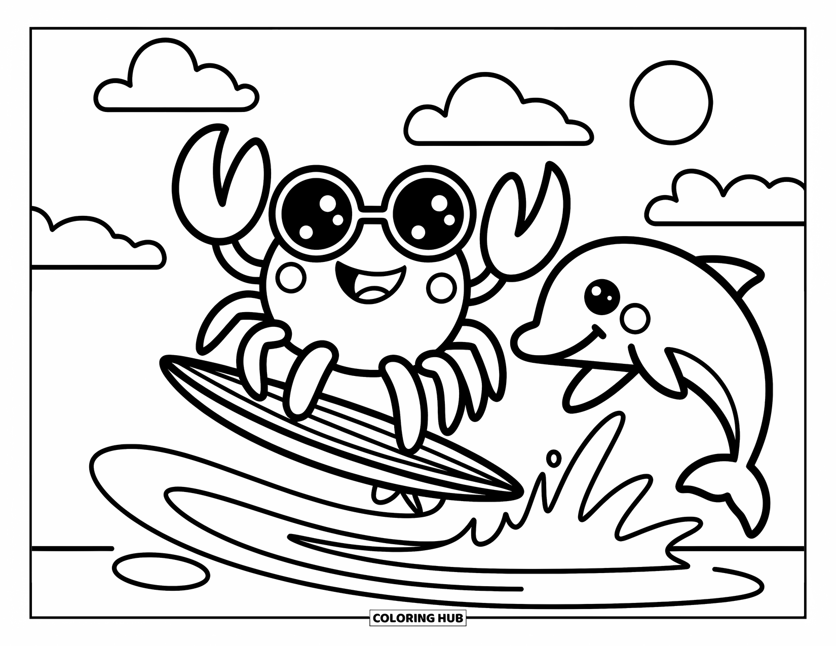 Krabben Ausmalbild für Erwachsene: Eine Krabbe surft mit Sonnenbrille auf einer kleinen Welle, während ein Delfin daneben springt