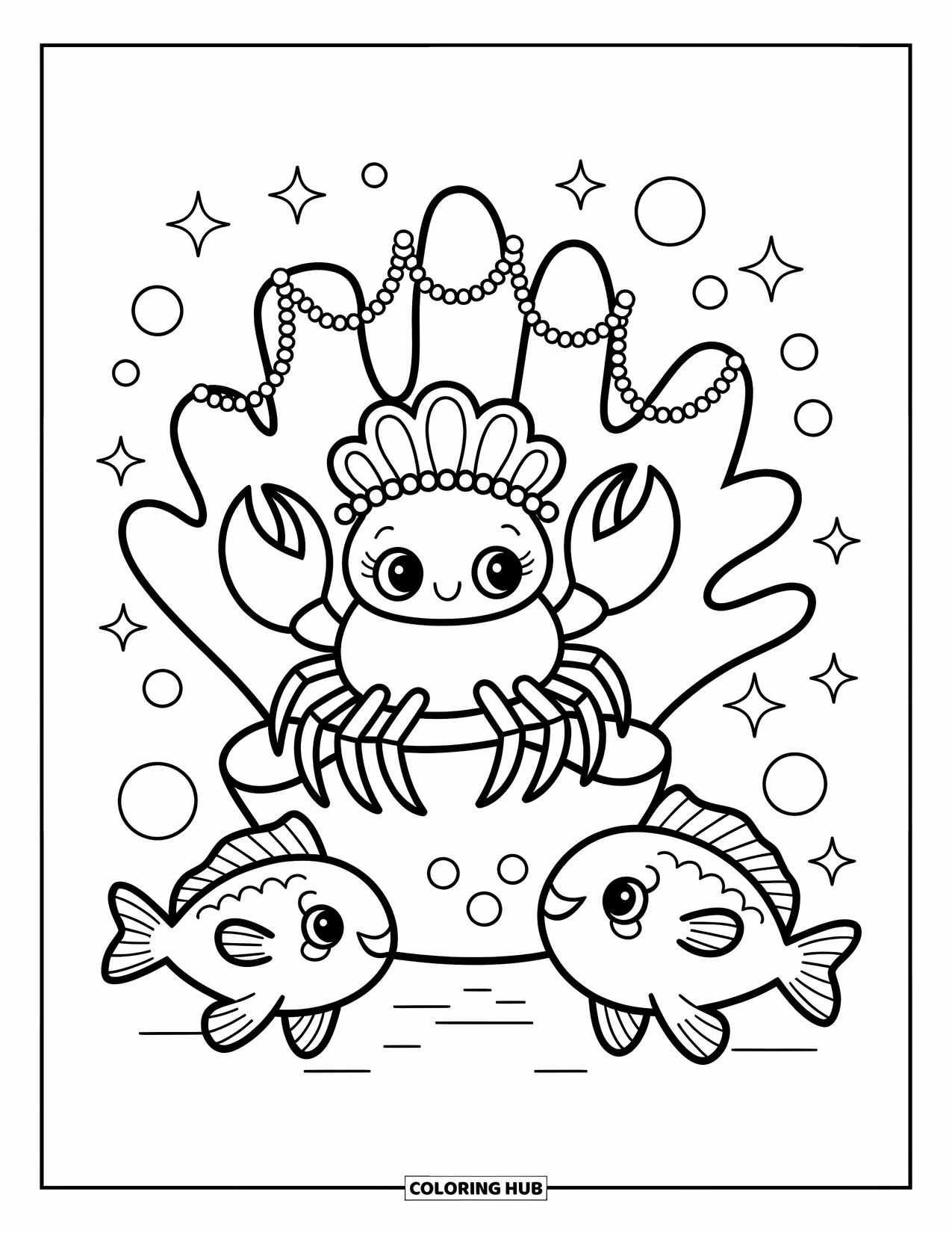 Krabben Ausmalbild für Erwachsene: Eine Krabbe trägt eine Perlenkrone auf einem Korallenthron, während verspielte Fische herumtreiben