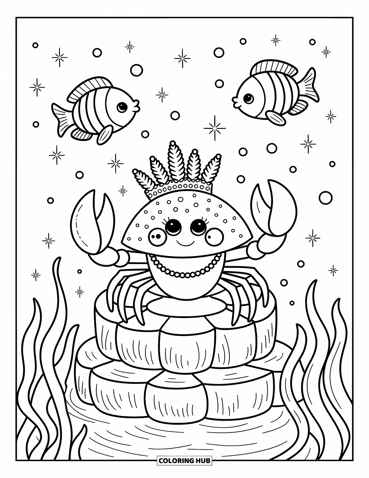 Krabben Ausmalbild für Erwachsene: Eine Krabbe mit einer Muschelkrone sitzt auf Korallen, während sich Fische in der Nähe in Blasen verbeugen