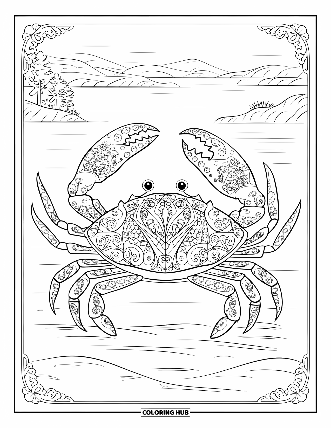 Krabben-Ausmalbild für Erwachsene: Eine Krabbe mit zarten Muschelmustern geht an einem friedlichen See mit Bergen im Hintergrund vorbei
