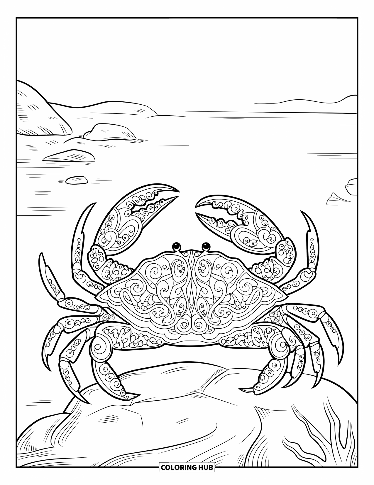 Krabben-Ausmalbild für Erwachsene: Eine Krabbe mit eleganten Filigranmustern ruht auf einem Felsen an ruhigem Meerwasser