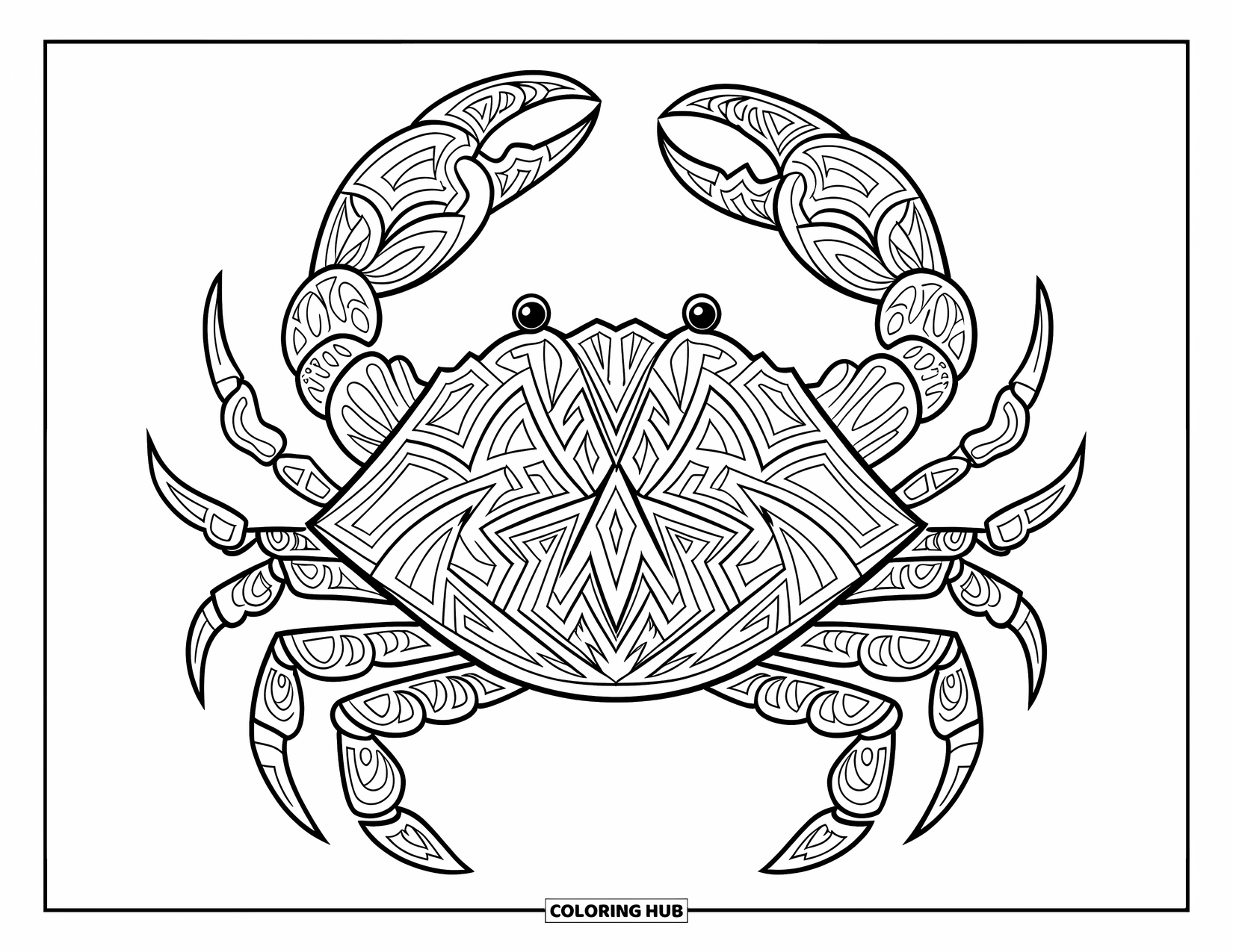 Krabben-Ausmalbild für Erwachsene: Eine Krabbe mit komplizierten Stammeslinien hebt sich kühn von einem einfachen weißen Hintergrund ab