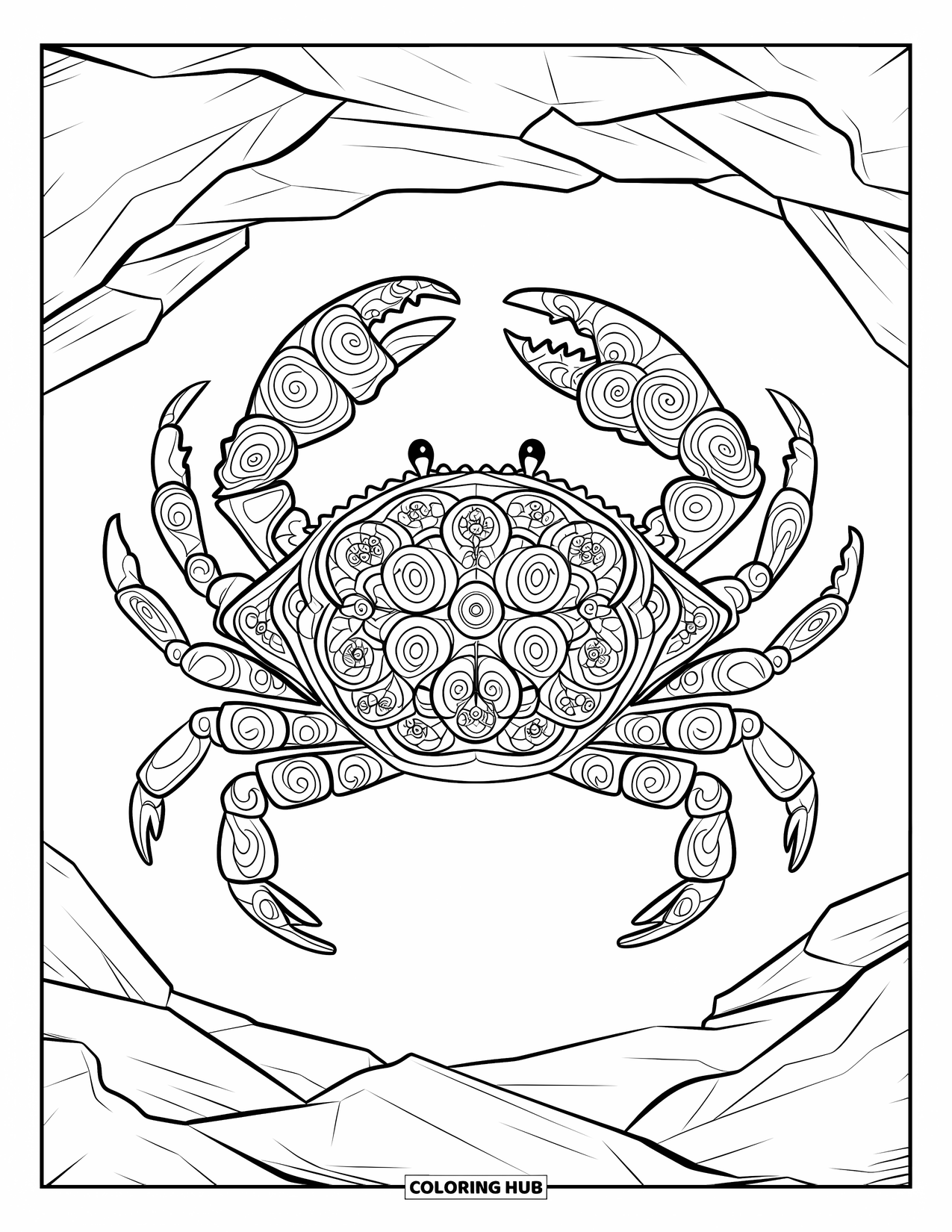 Krabben-Ausmalbild für Erwachsene: Eine Krabbe mit wirbelnden Mustern ruht auf einem Felsen in einem klaren, offenen Design