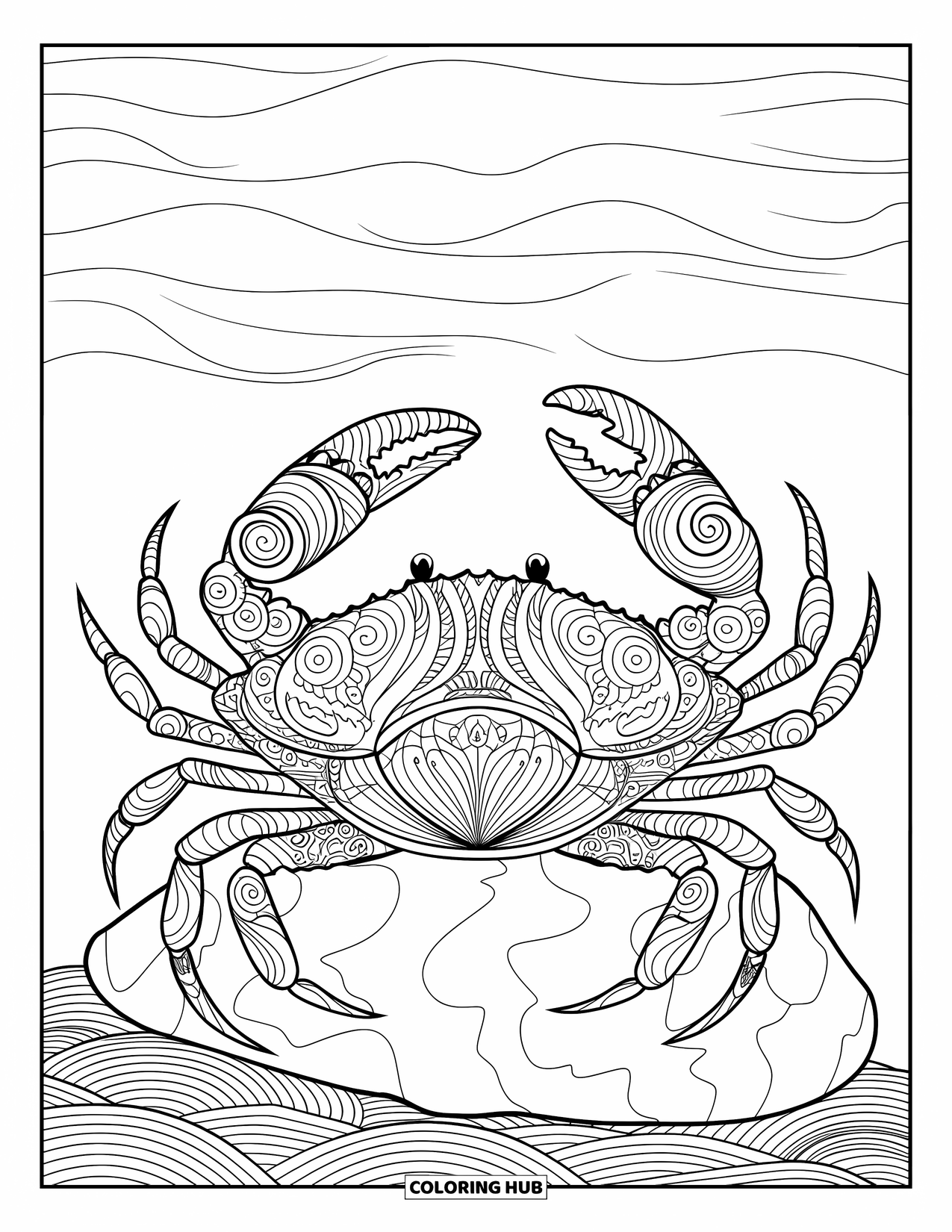 Krabben-Ausmalbild für Erwachsene: Eine Krabbe mit wirbelnden Schalenmustern sitzt ruhig an einem sanften Ozean