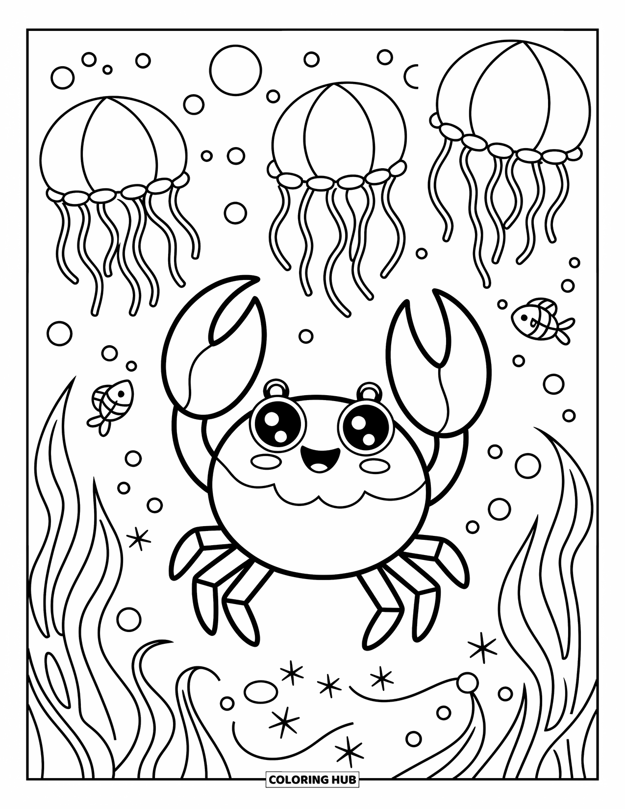 Krabben Ausmalbild für Erwachsene: Eine süße Krabbe wirft freudig ihre Scheren hoch, während Fische und Quallen in der Nähe wirbeln