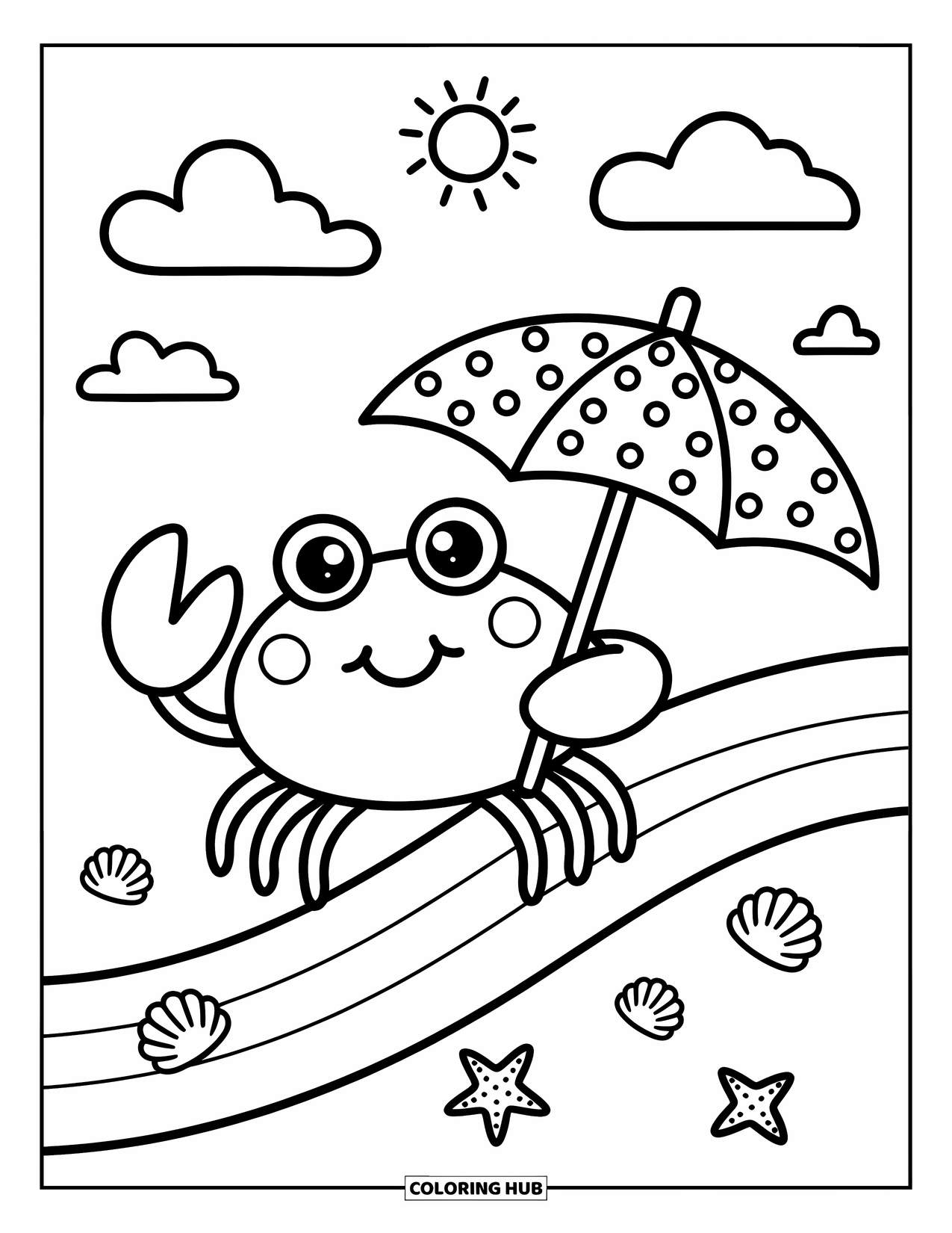 Krabben-Ausmalbild für Erwachsene: Eine süße Krabbe mit einem Regenschirm steht am Sandstrand mit Sonne und Seesternen in der Nähe
