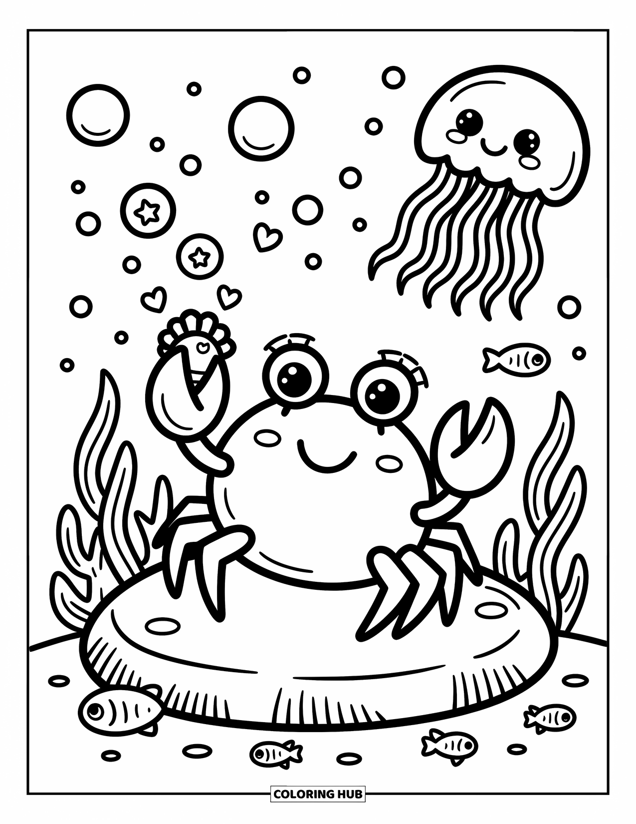 Krabben Ausmalbild für Erwachsene: Eine glückliche Krabbe bläst sprudelnde Sterne und Herzen, während Algen und Meeresbewohner herumwirbeln