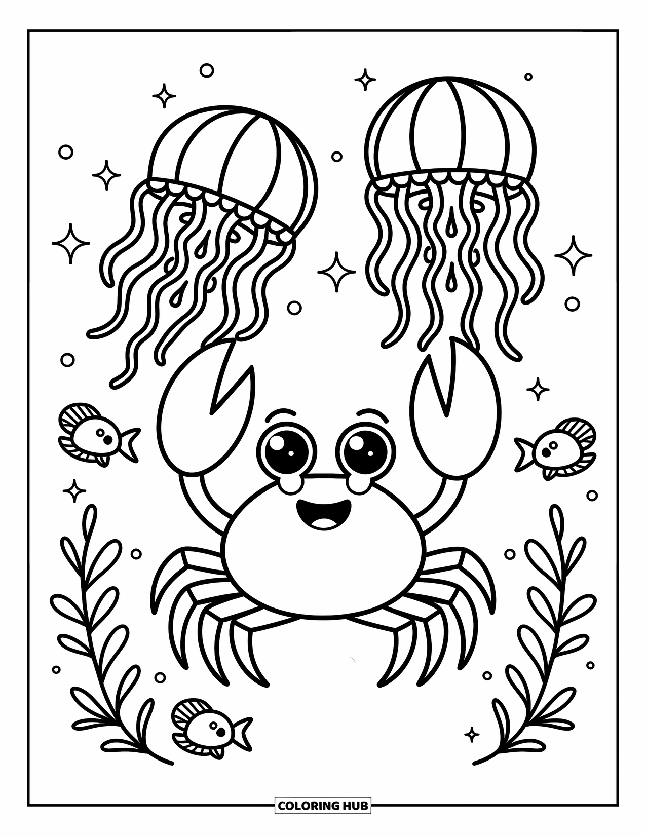 Krabben Ausmalbild für Erwachsene: Eine glückliche Krabbe tanzt mit Quallen und Fischen in einer magischen Unterwasserszene