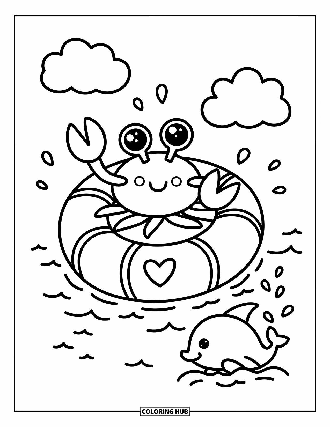 Krabben Ausmalbild für Erwachsene: Eine glückliche Krabbe treibt auf einem Rettungsring mit einem planschenden Delfin und lächelnden Wolken darüber