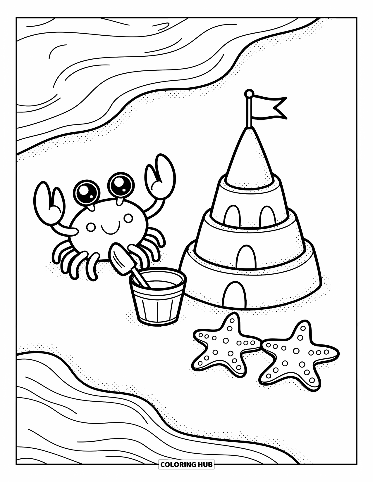 Krabben Ausmalbild für Erwachsene: Eine glückliche Krabbe mit einer Schaufel baut eine Sandburg, während zwei Seesterne sie anfeuern